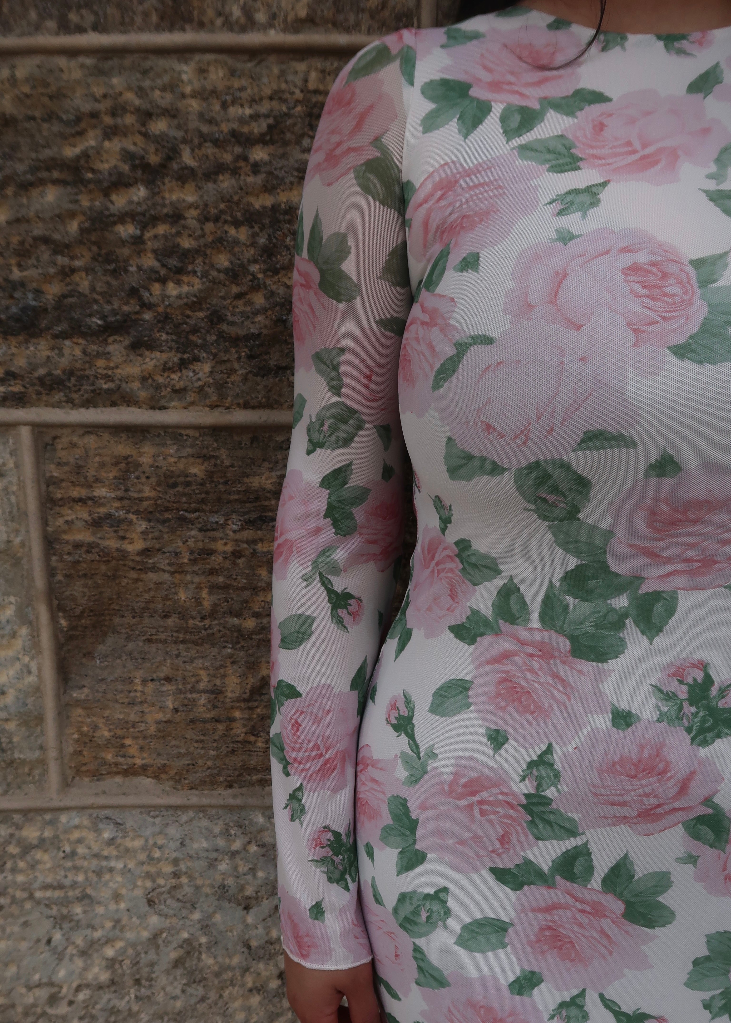 white cream floral pink maxi dress, flare sleeve, maxi length, high neck