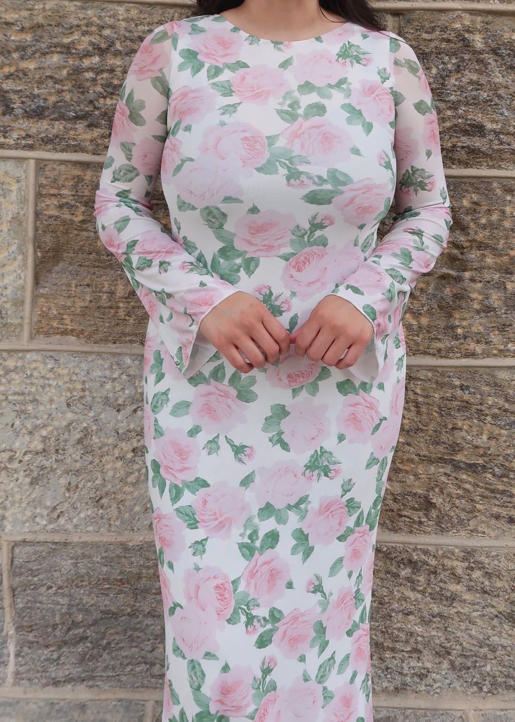 white cream floral pink maxi dress, flare sleeve, maxi length, high neck