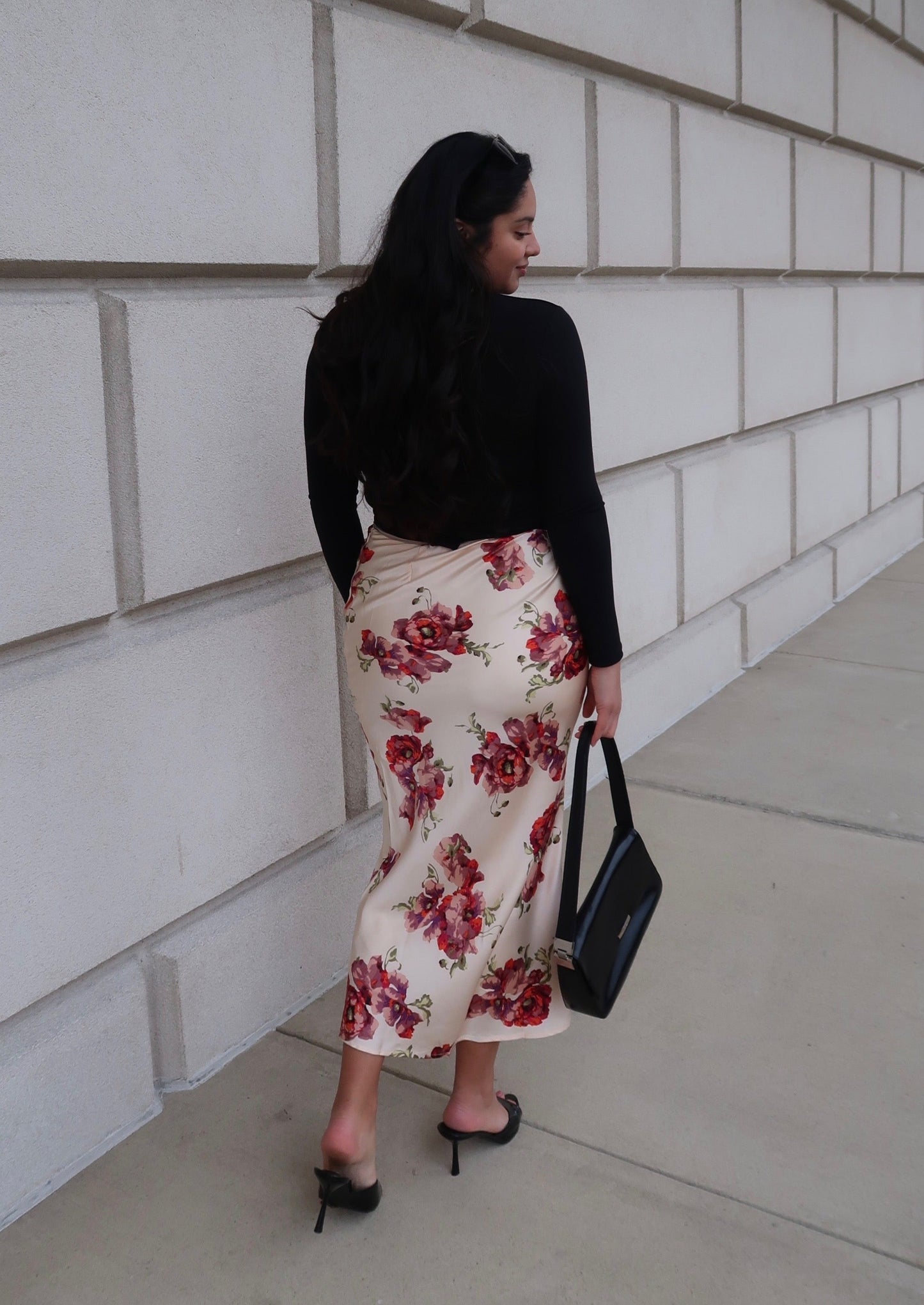 rose, cream, off white, light pink floral satin midi skirt