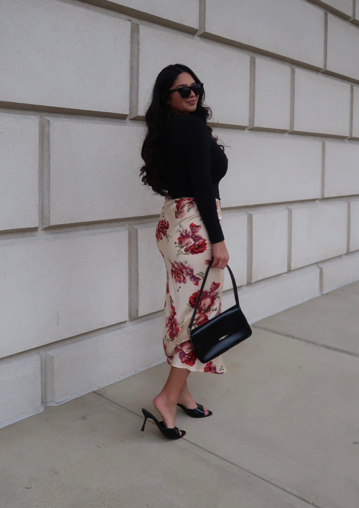 rose, cream, off white, light pink floral satin midi skirt