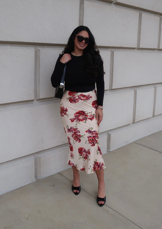 rose, cream, off white, light pink floral satin midi skirt