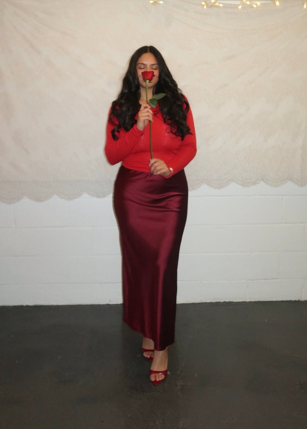 Burgundy maxi satin skirt