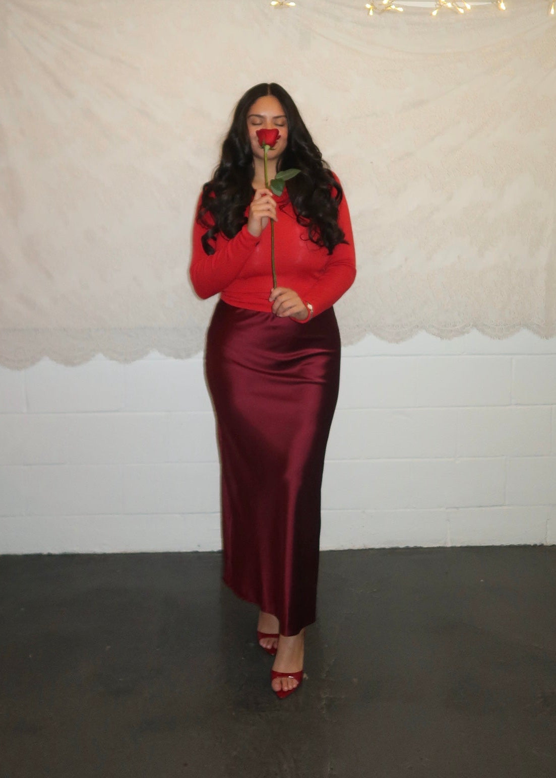 Burgundy maxi satin skirt