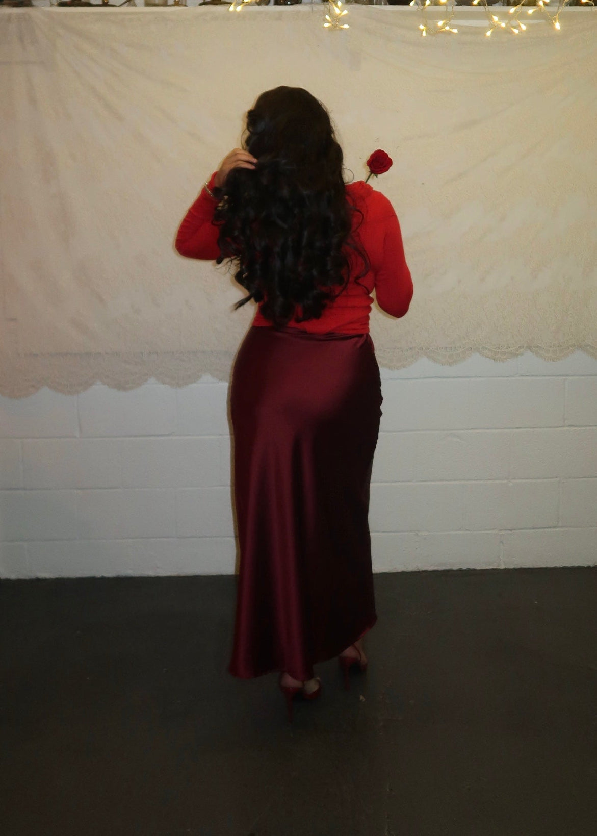 Burgundy maxi satin skirt