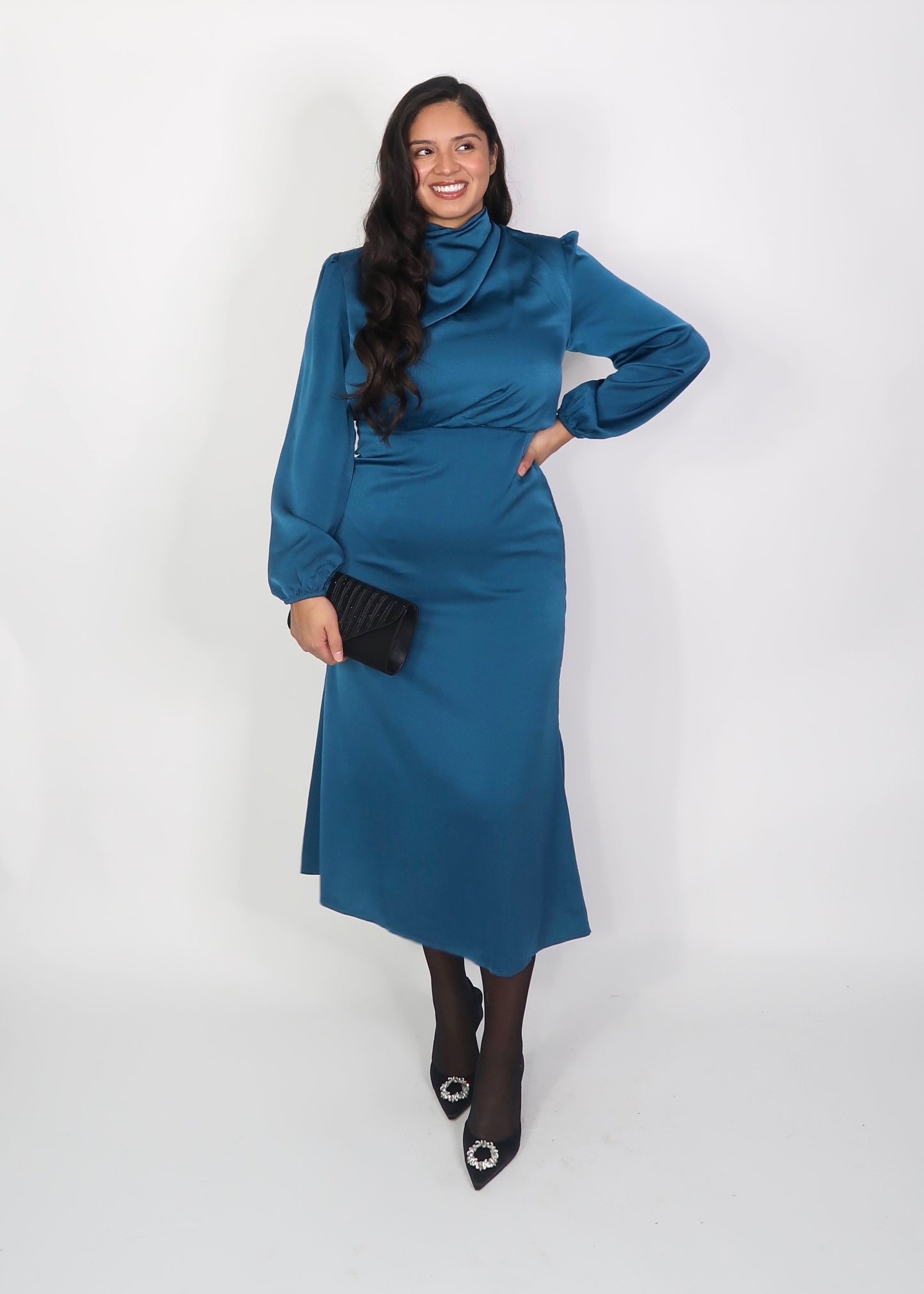 teal balloon sleeve long sleeve mock neck satin midi dress