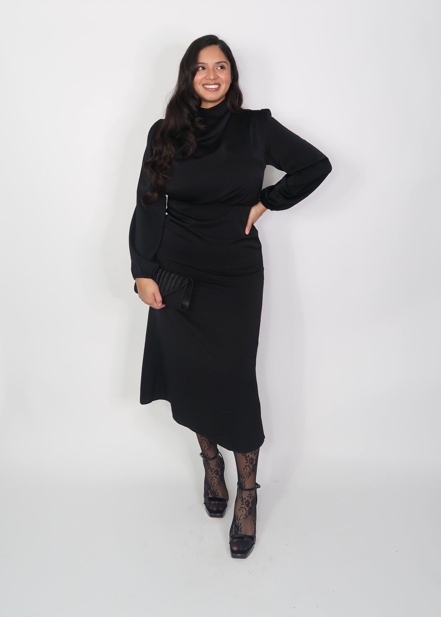 black satin mock neck long sleeve midi dress