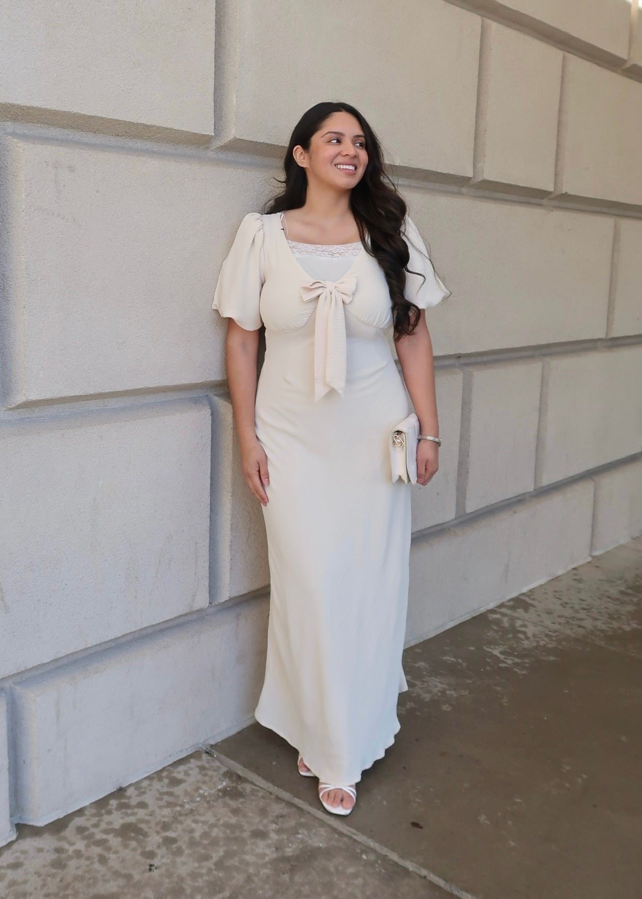 beige maxi dress, short puff sleeves, v-neck, bow tie, maxi length
