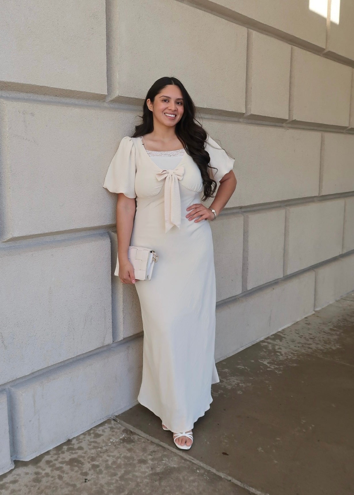 beige maxi dress, short puff sleeves, v-neck, bow tie, maxi length