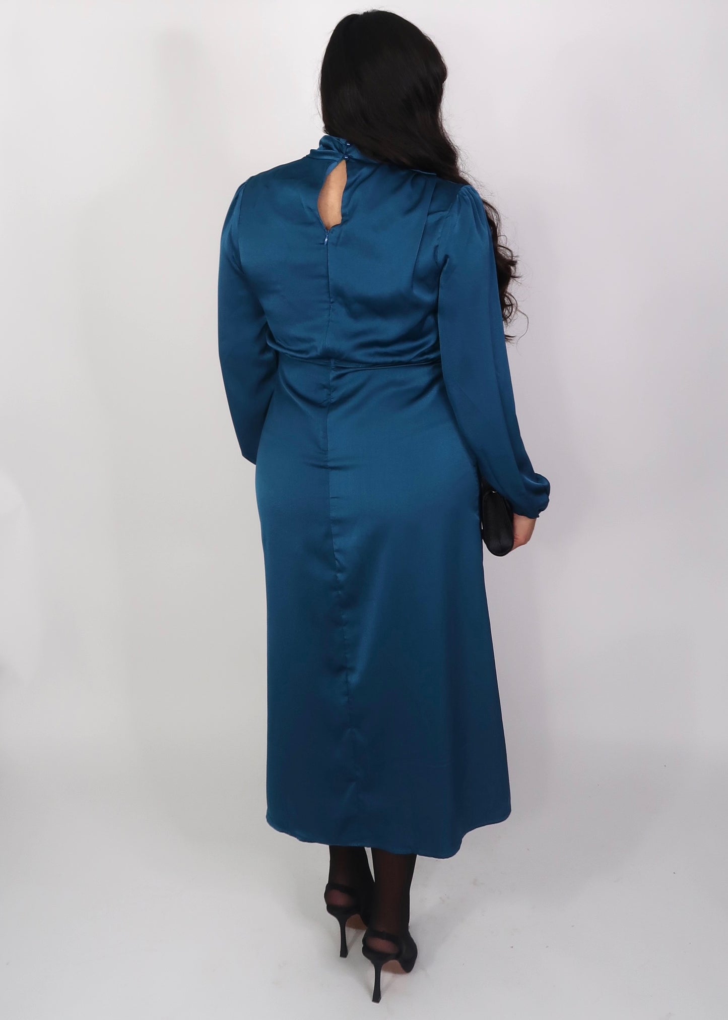 teal balloon sleeve long sleeve mock neck satin midi dress