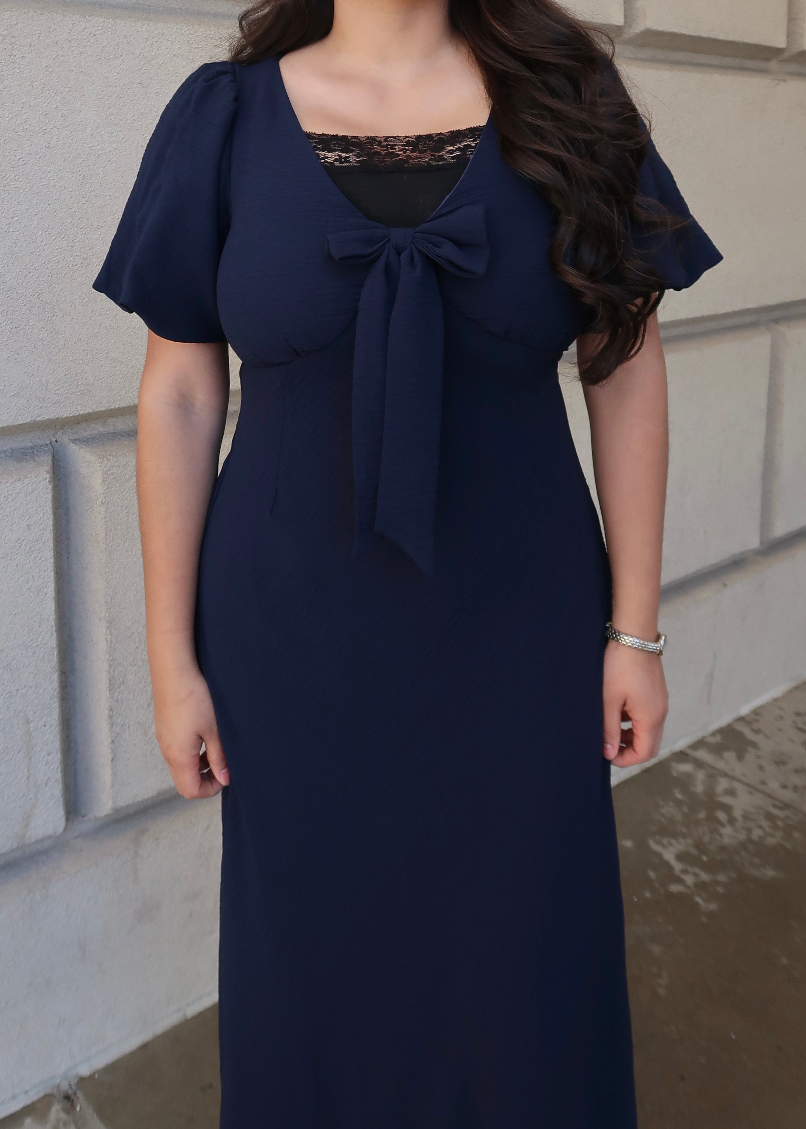 Navy blue maxi dress, puff short sleeves, v-neck, bow tie, maxi length