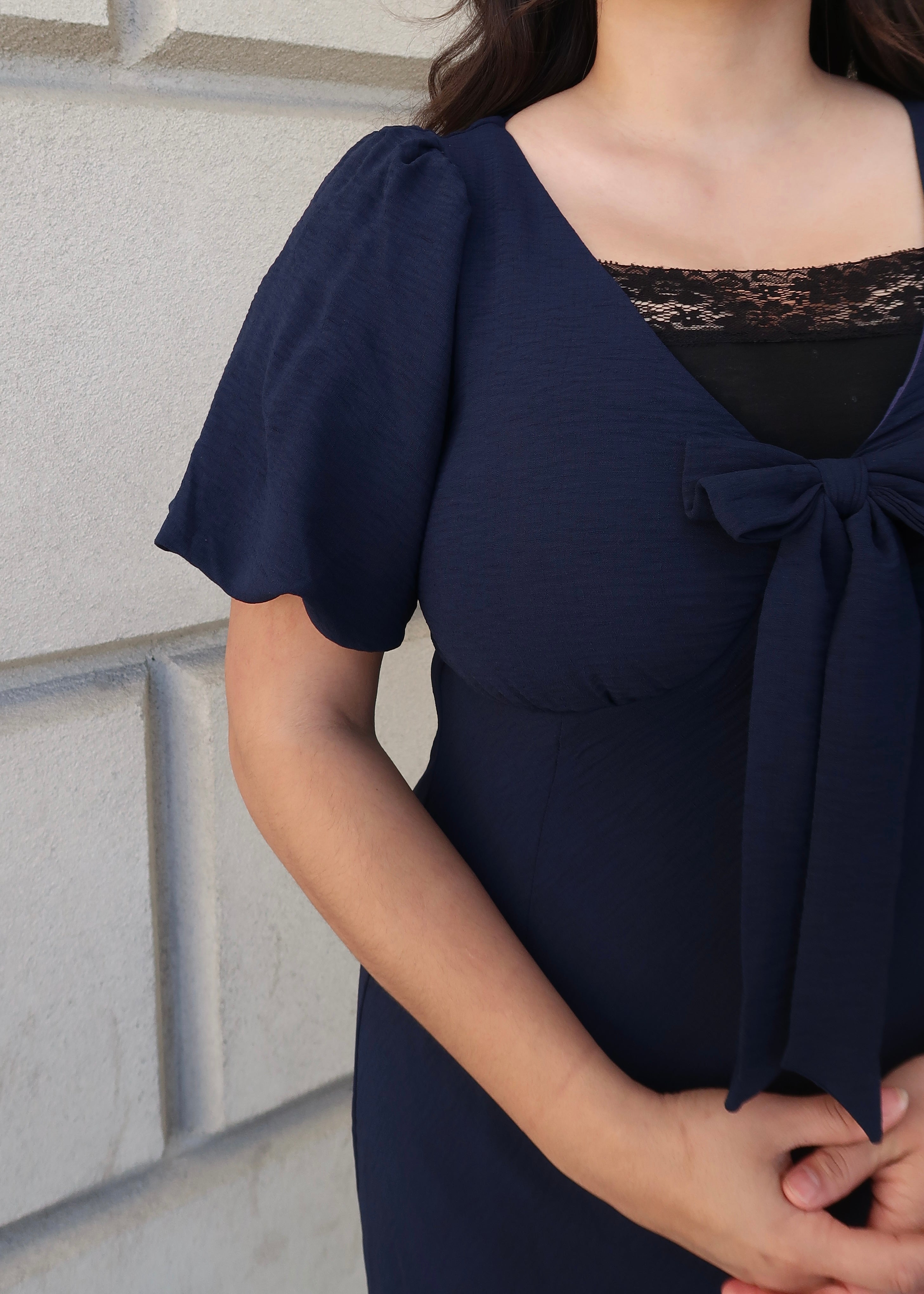 Navy blue maxi dress, puff short sleeves, v-neck, bow tie, maxi length