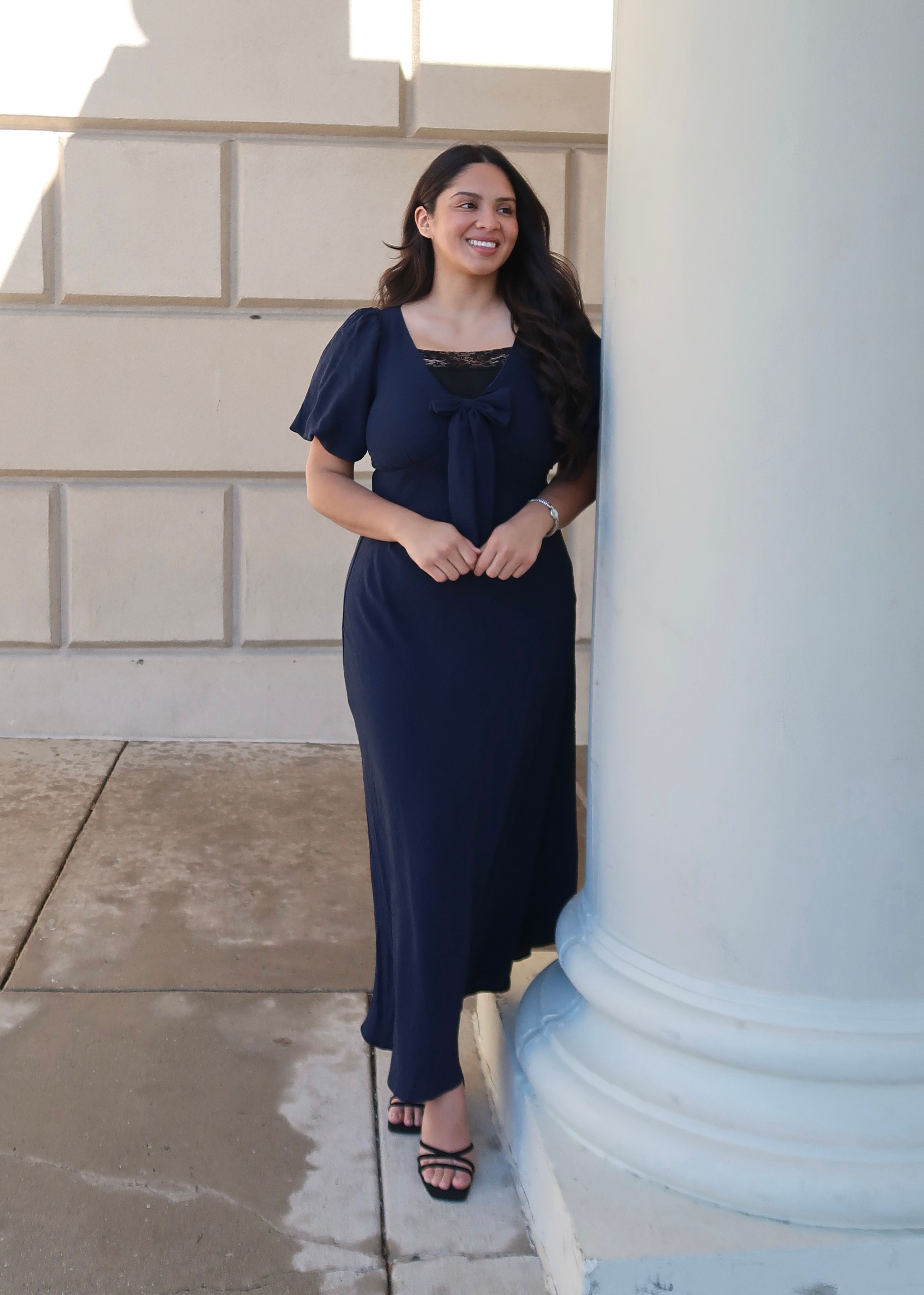Navy blue maxi dress, puff short sleeves, v-neck, bow tie, maxi length