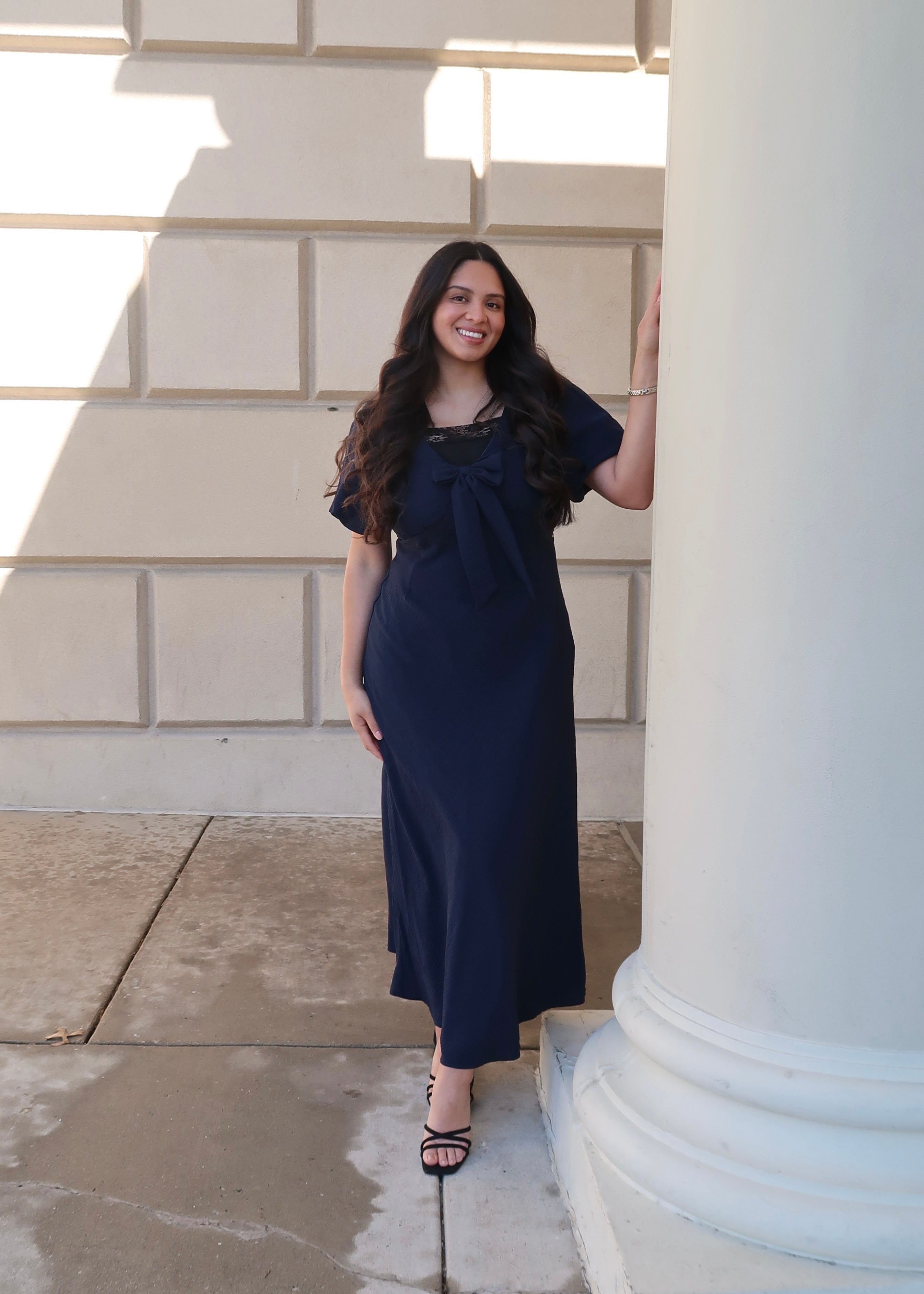 Navy blue maxi dress, puff short sleeves, v-neck, bow tie, maxi length