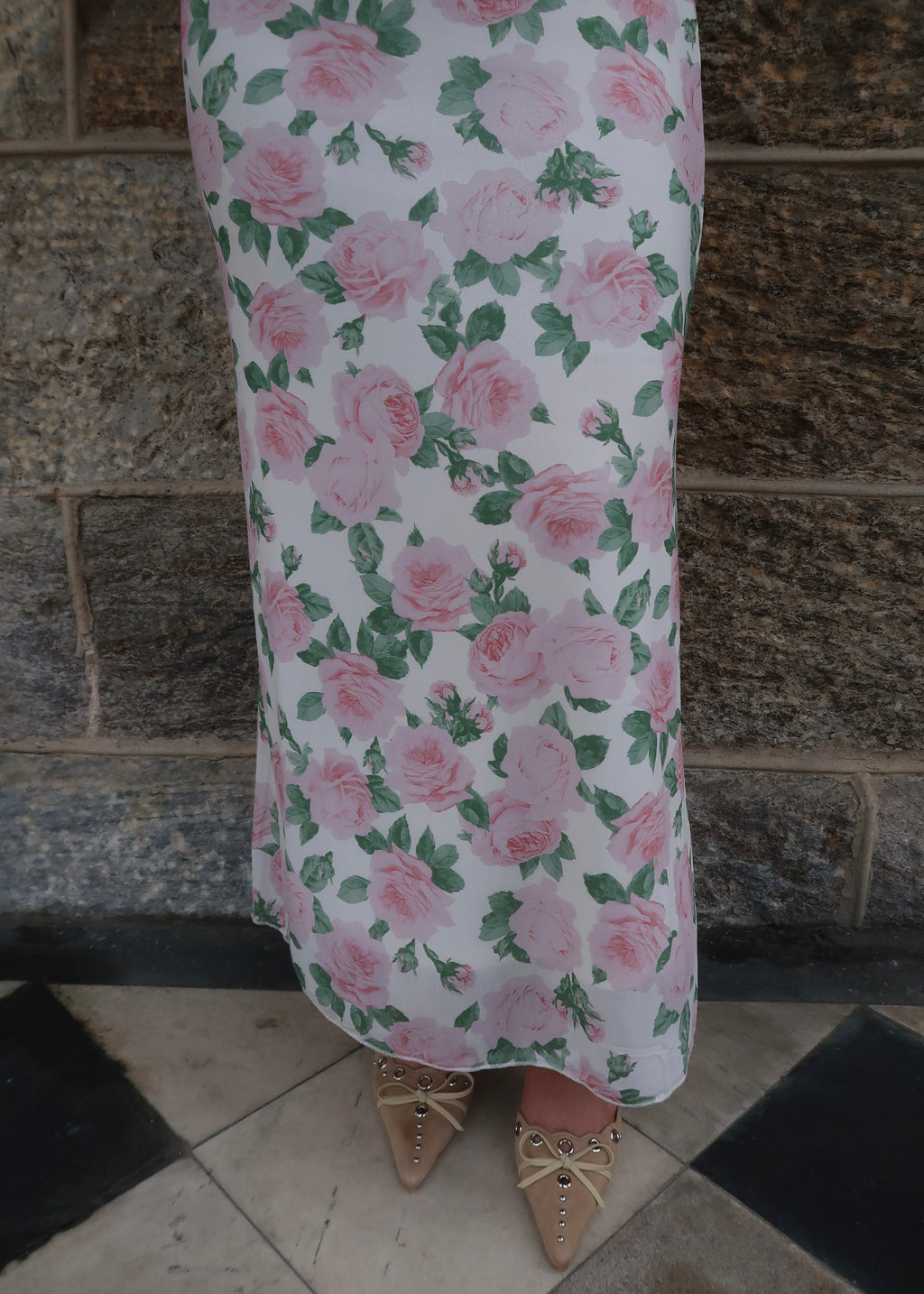 white cream floral pink maxi dress, flare sleeve, maxi length, high neck