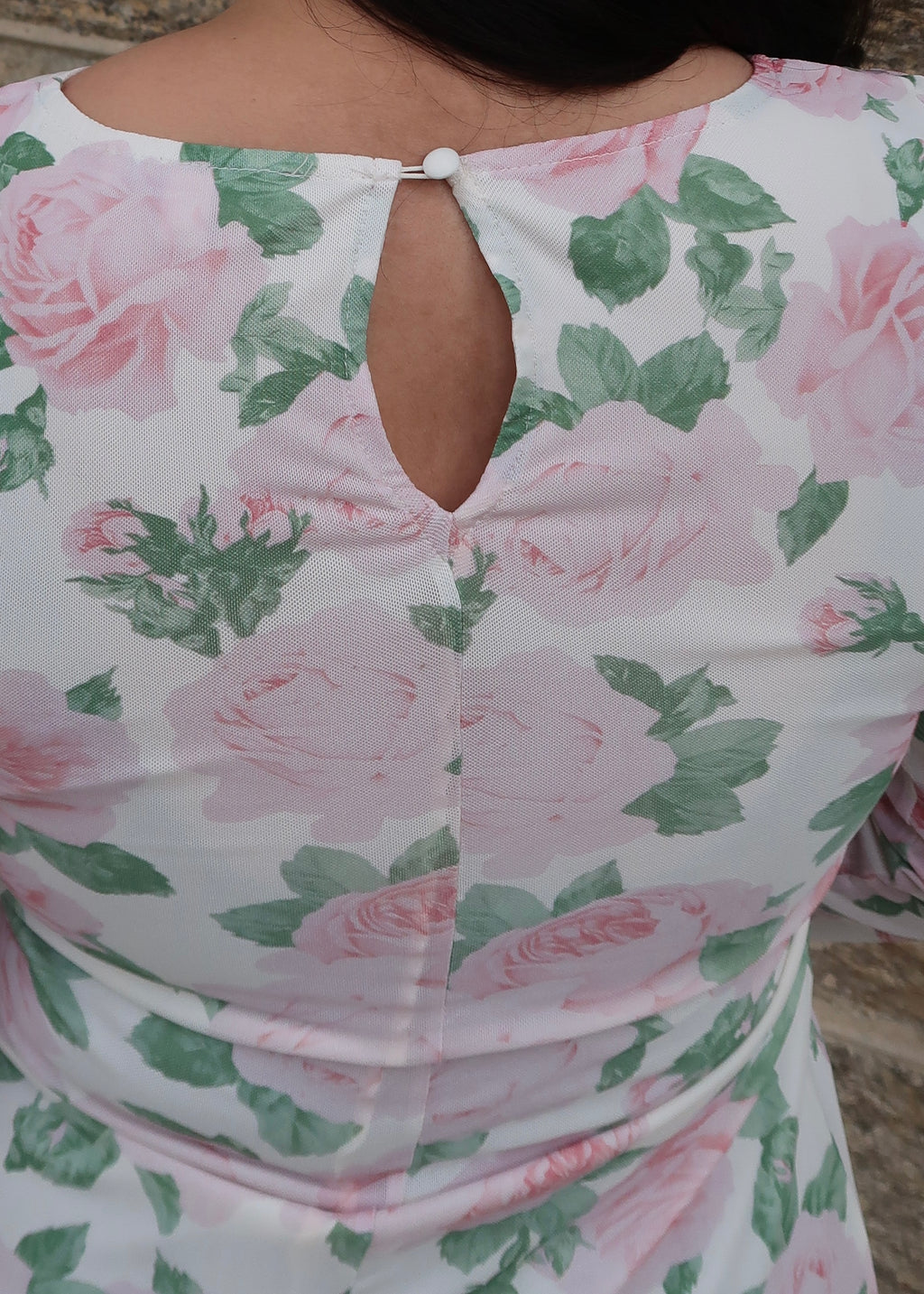 white cream floral pink maxi dress, flare sleeve, maxi length, high neck