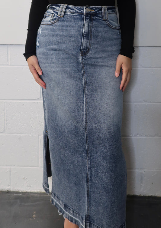 maxi denim skirt, medium wash, double side slits