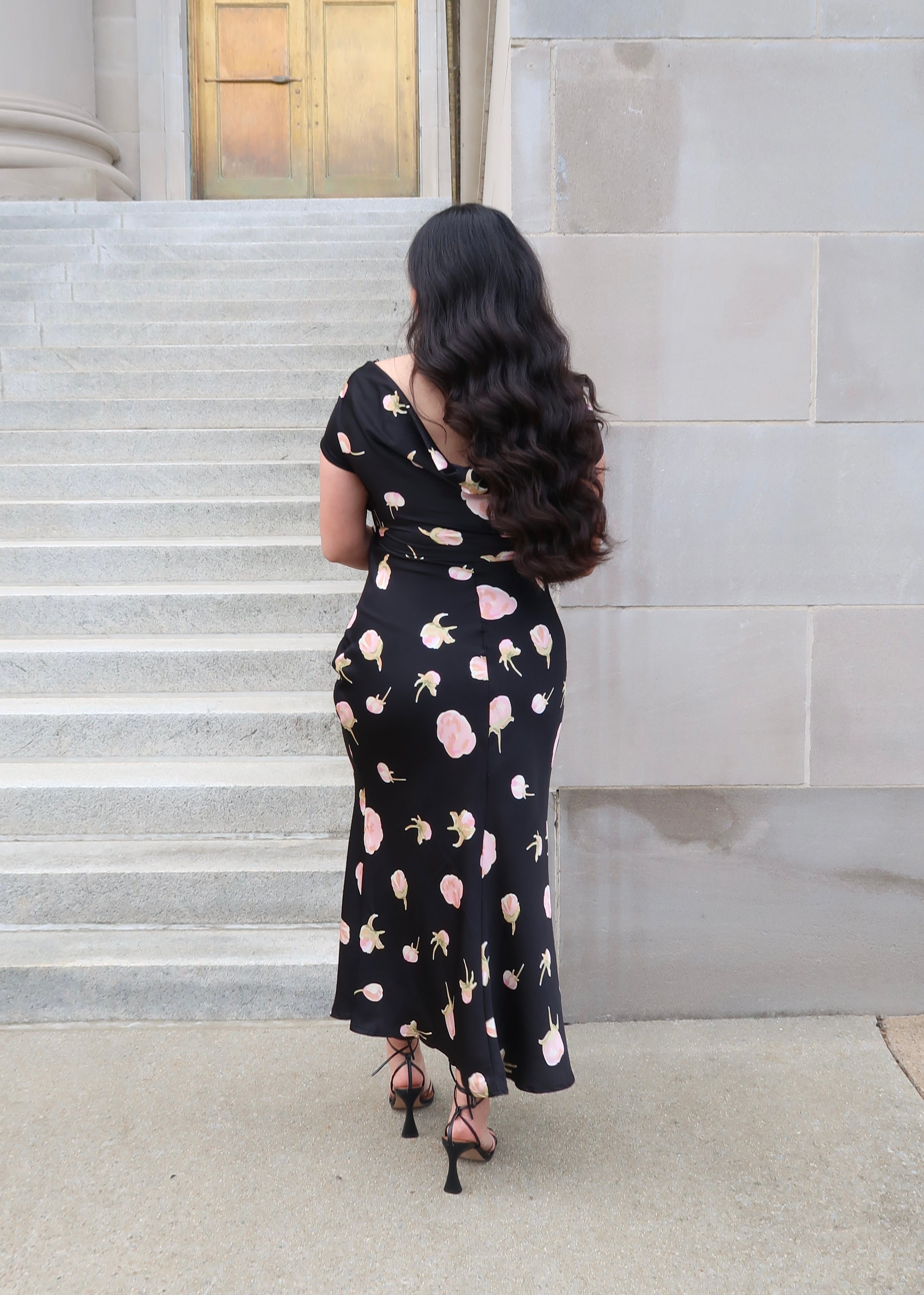 black and pink floral maxi satin dress, short sleeve, tie in the back, open back cowl neckline