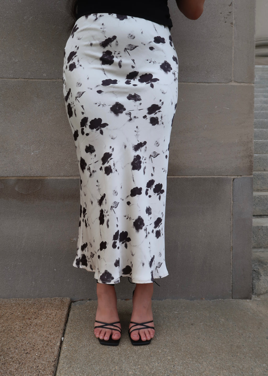 cream and black floral satin midi skirt 