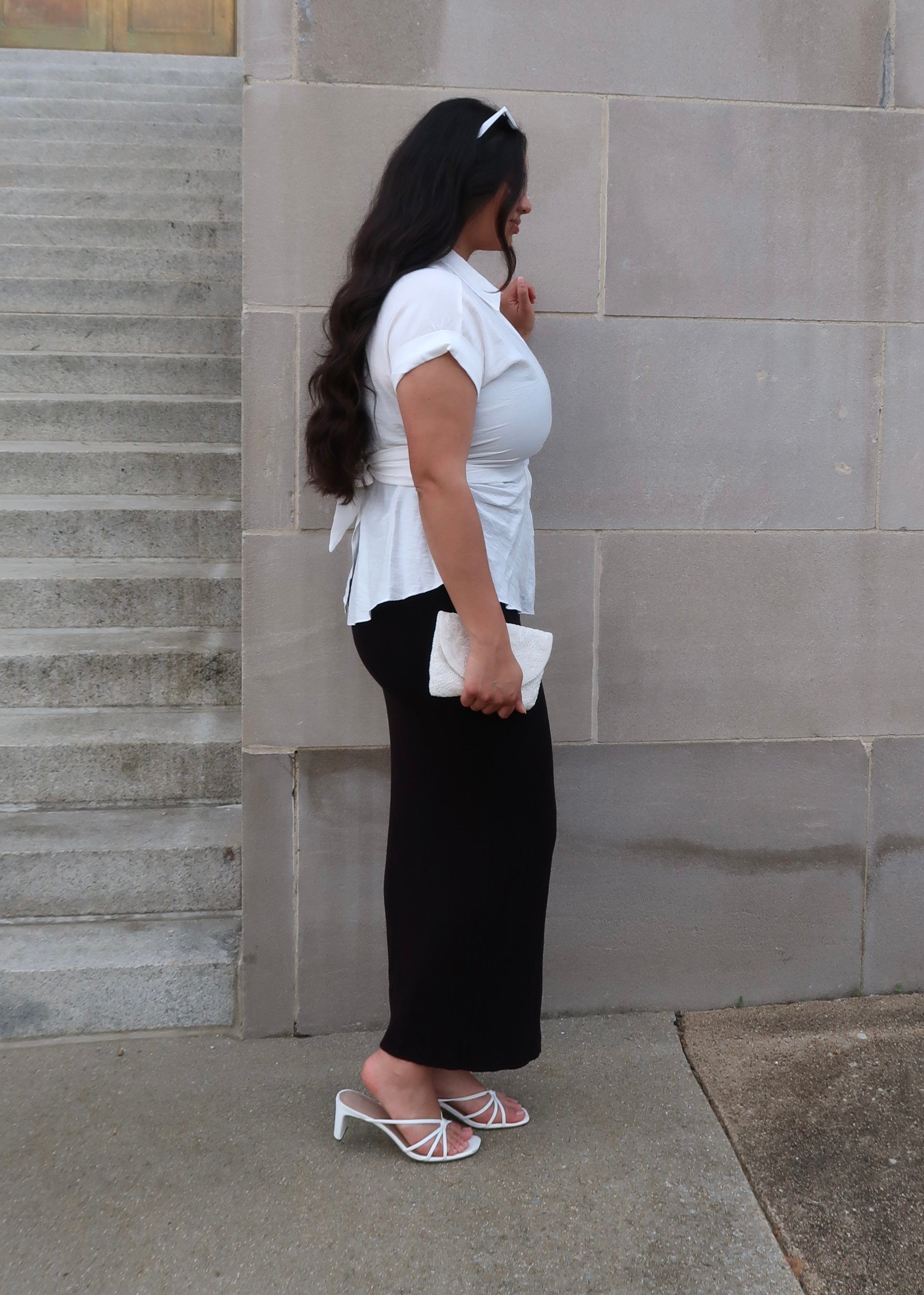 White waist tie blouse, button down, collared, short sleeve, peplum