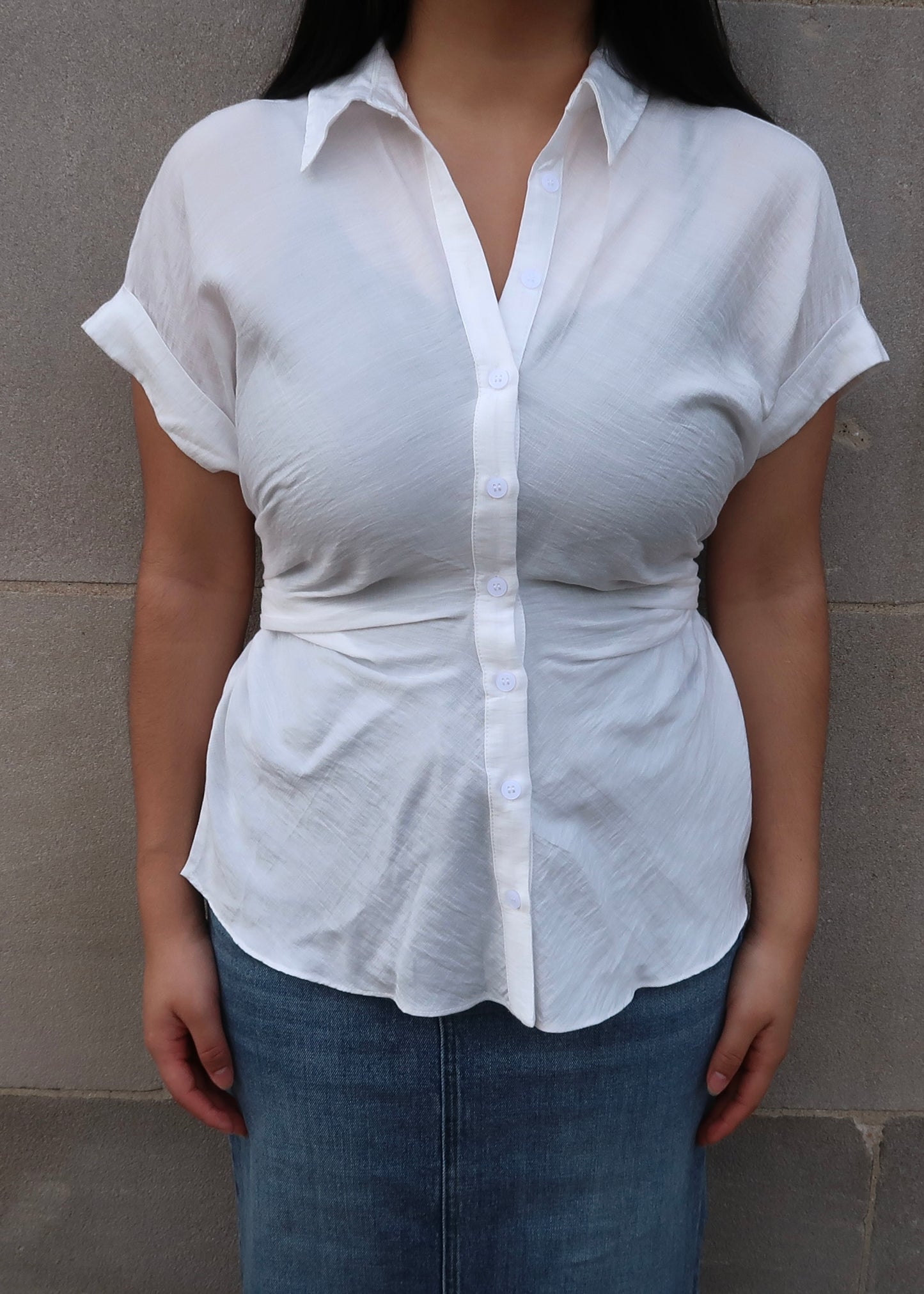 White waist tie blouse, button down, collared, short sleeve, peplum