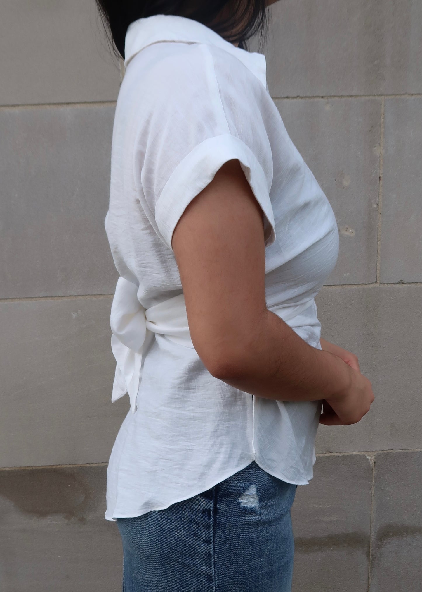 White waist tie blouse, button down, collared, short sleeve, peplum