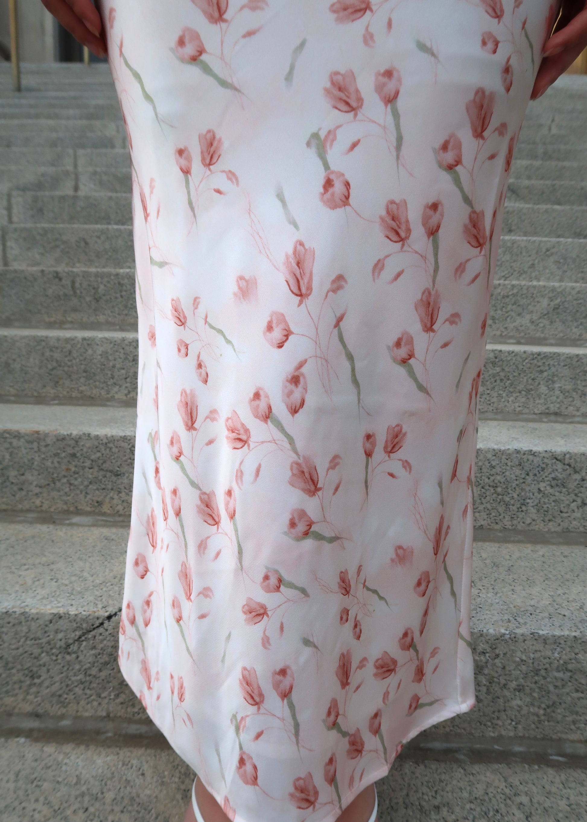 pink tulip maxi satin skirt 