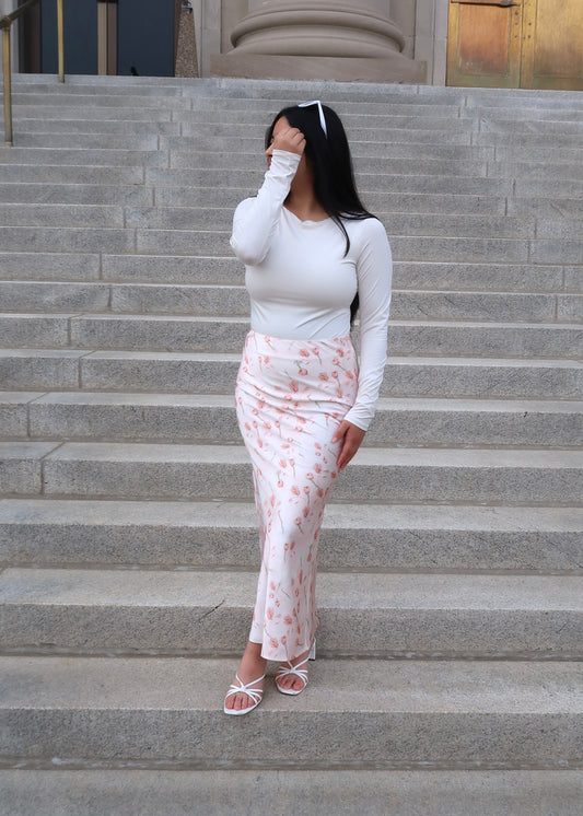 pink tulip maxi satin skirt 