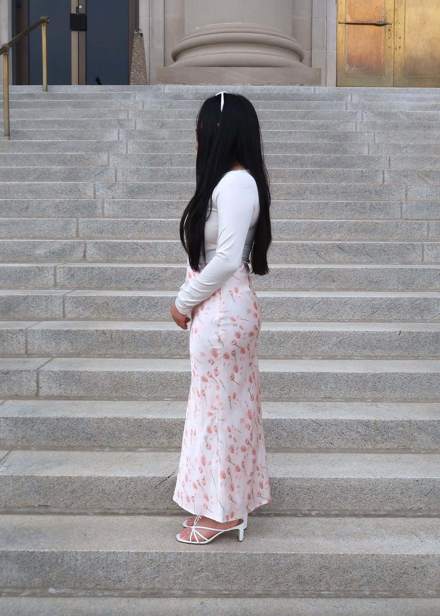 pink tulip maxi satin skirt 