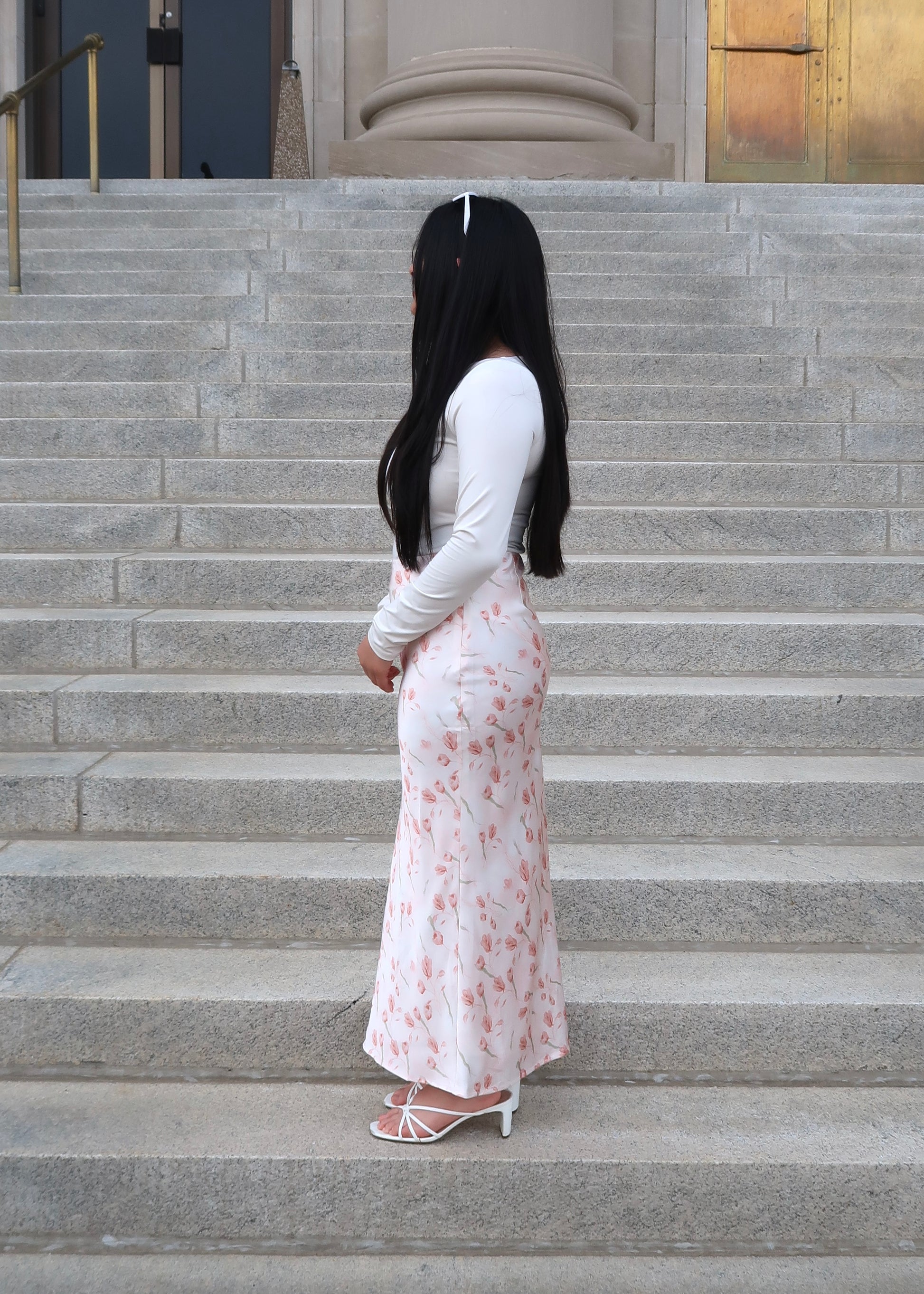 pink tulip maxi satin skirt 