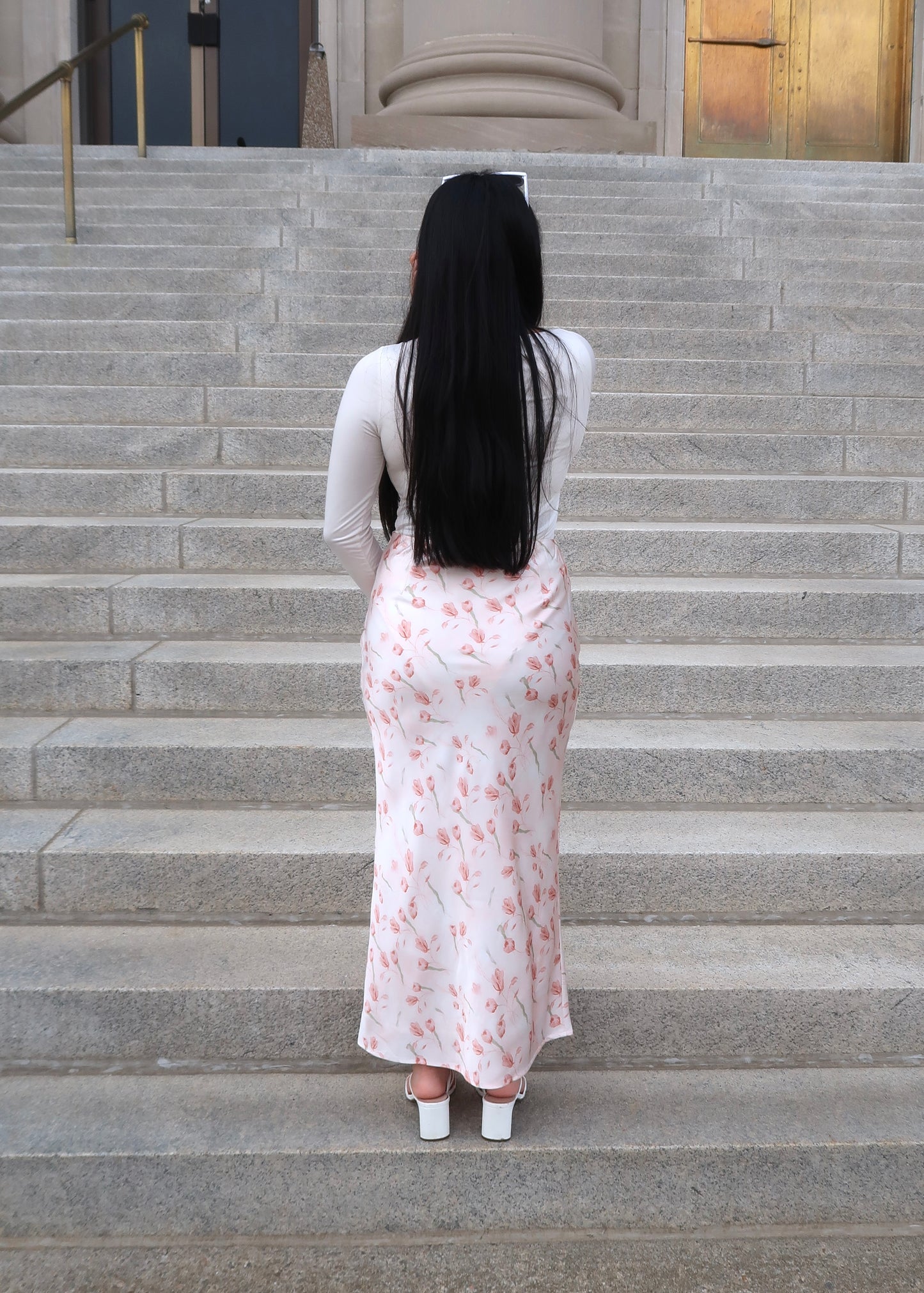 pink tulip maxi satin skirt 