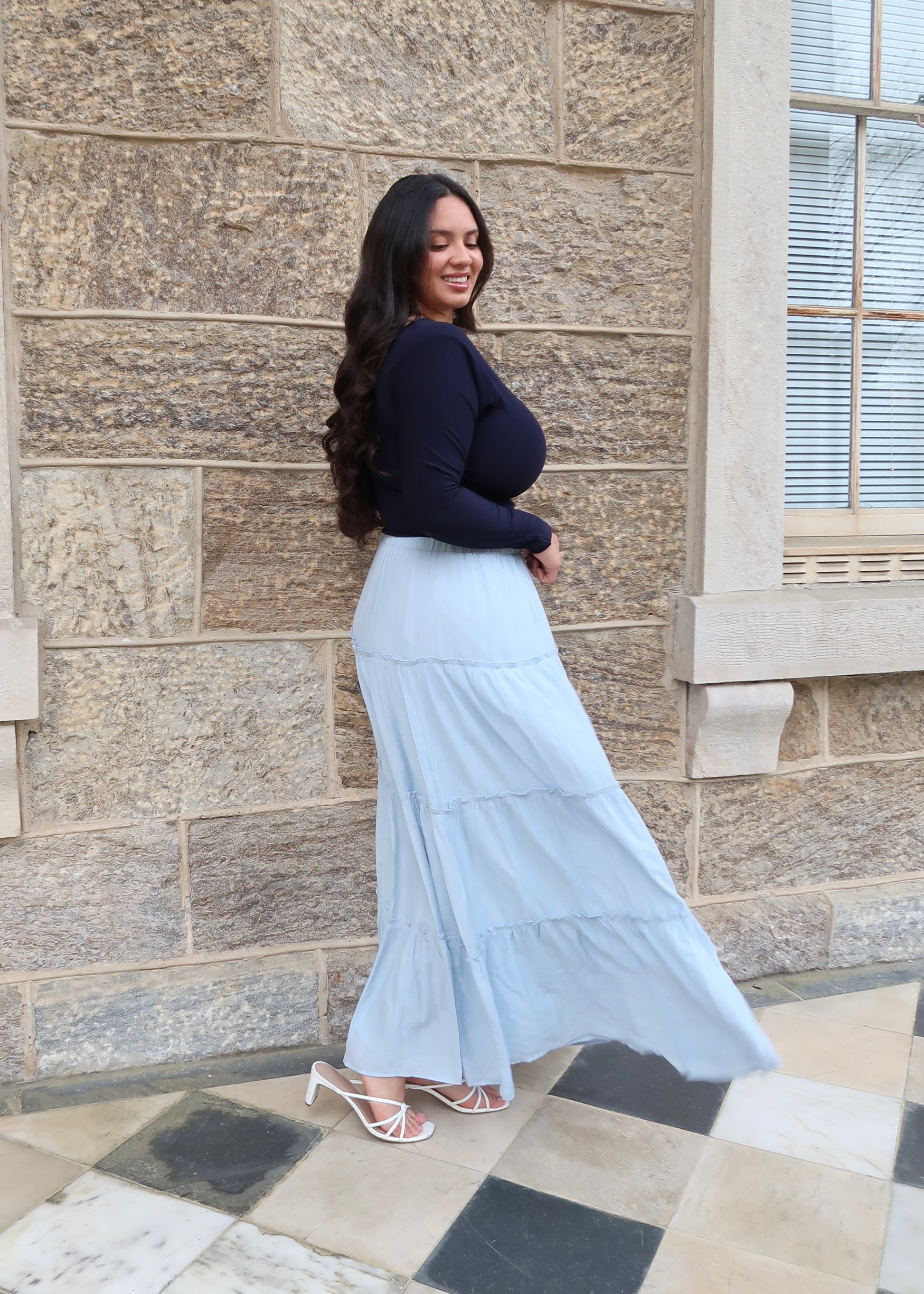 baby blue tiered maxi skirt 