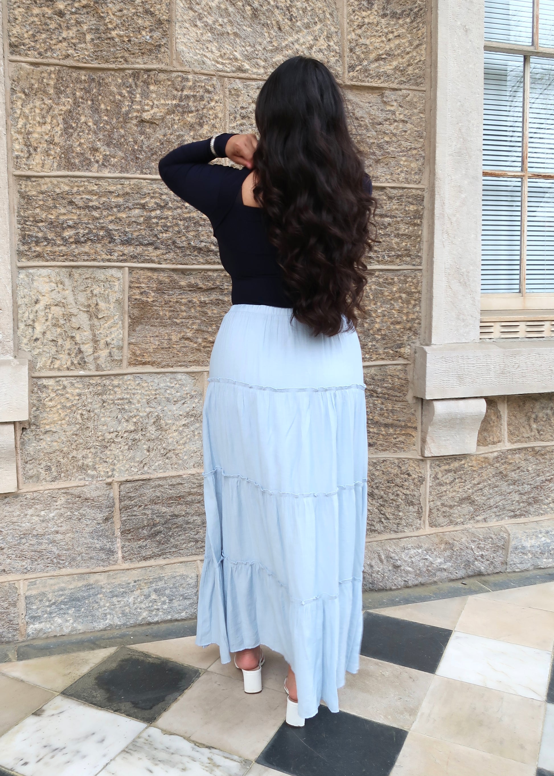 baby blue tiered maxi skirt 