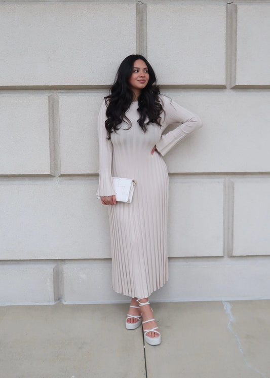 beige taupe ribbed maxi dress, v-neck, long sleeve, bell sleeves