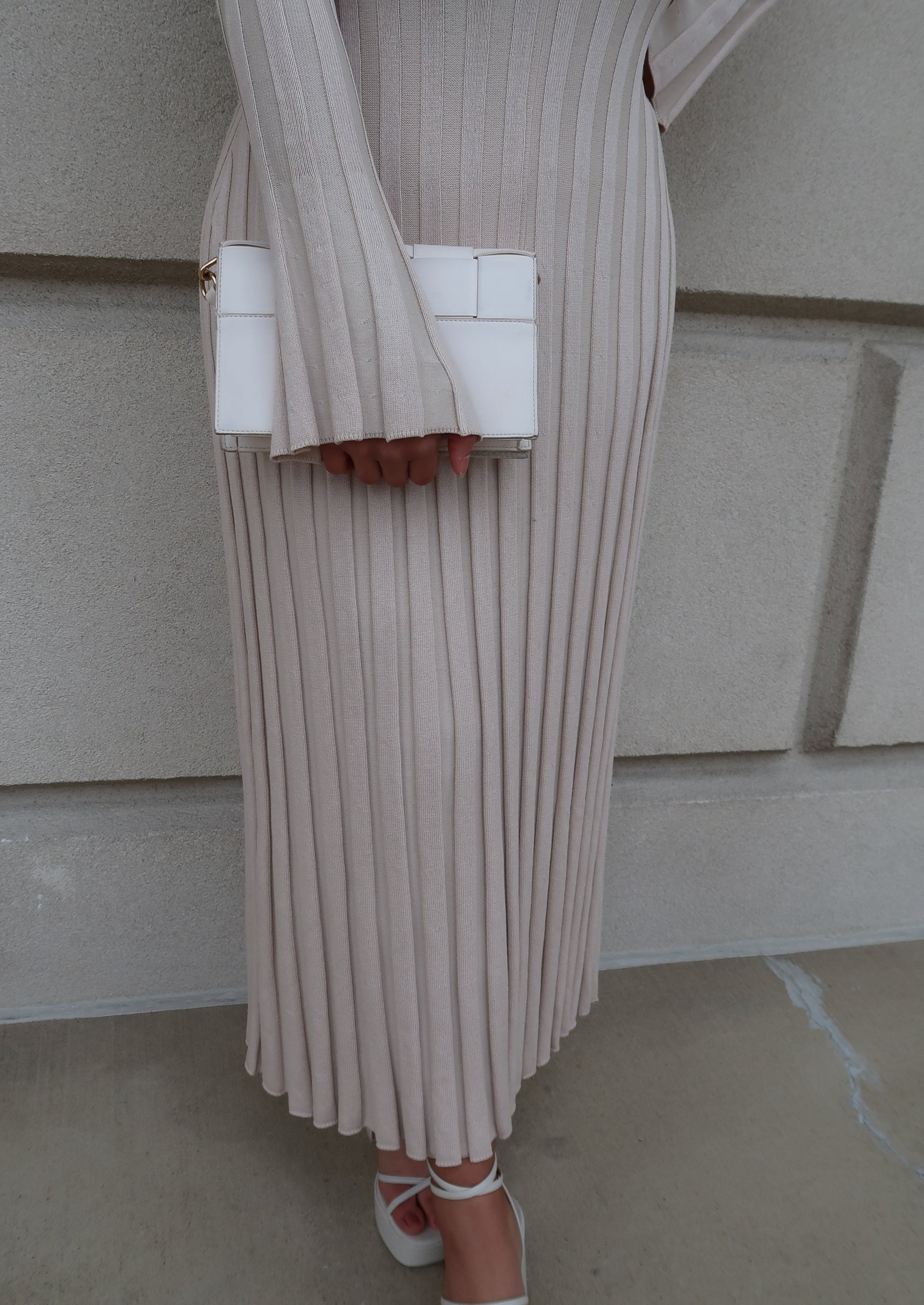 beige taupe ribbed maxi dress, v-neck, long sleeve, bell sleeves