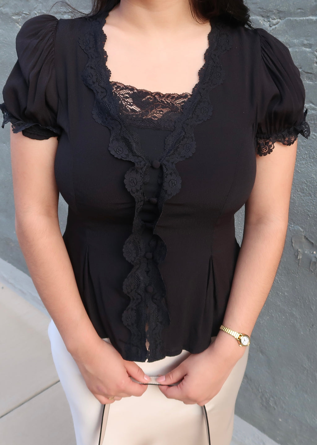 Lace trim black blouse, buttons, fit and flare, short sleeve