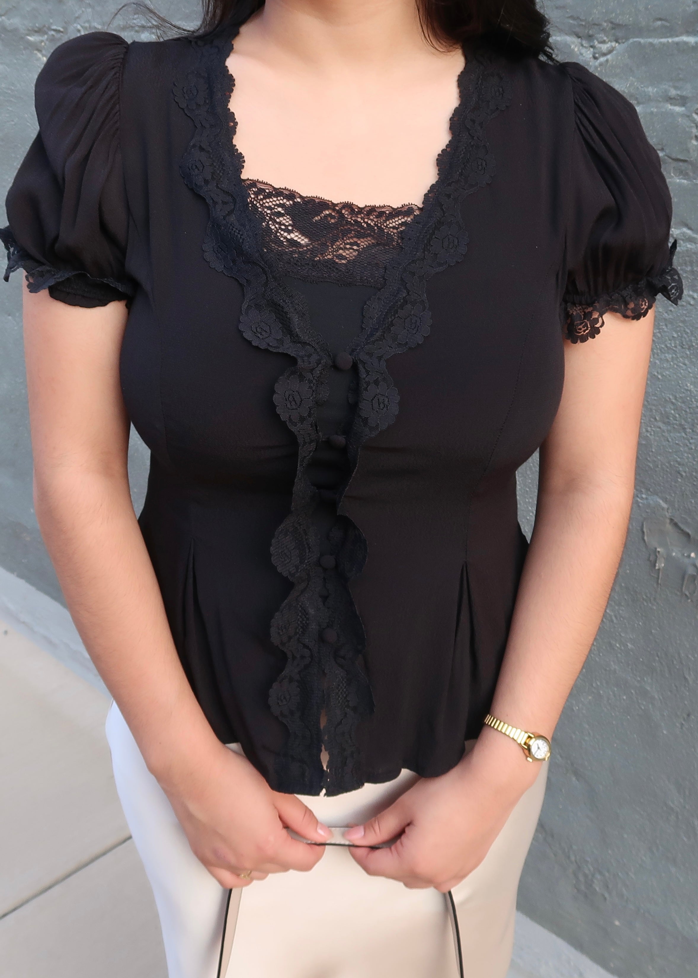Lace trim black blouse, buttons, fit and flare, short sleeve