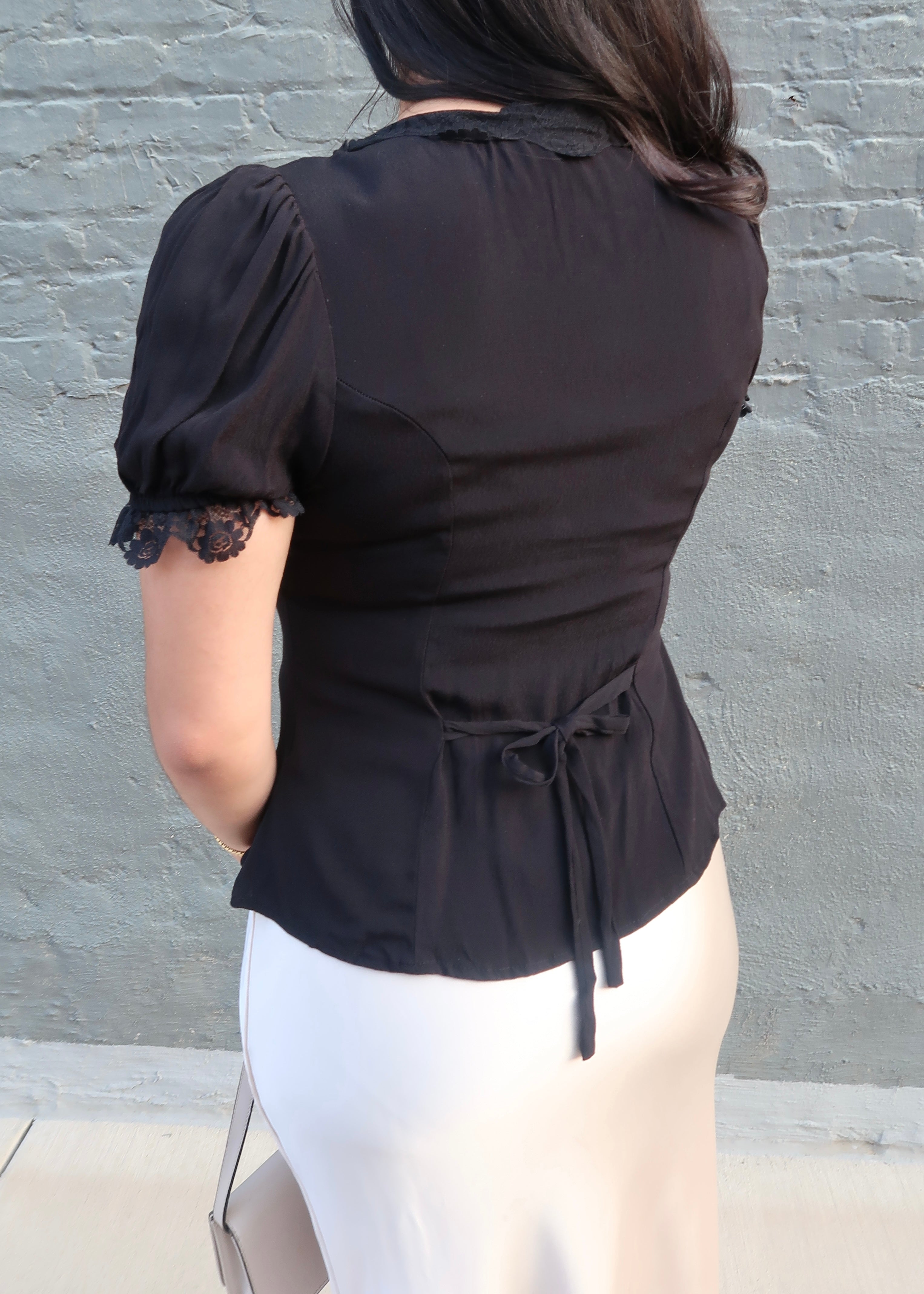 Lace trim black blouse, buttons, fit and flare, short sleeve