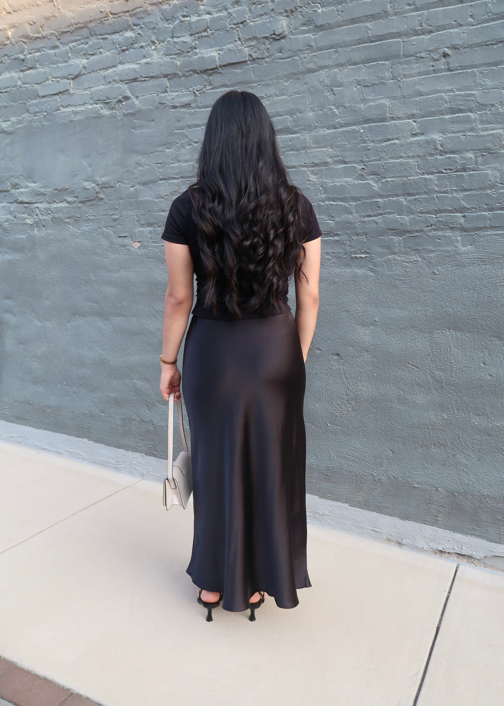 Black satin maxi skirt