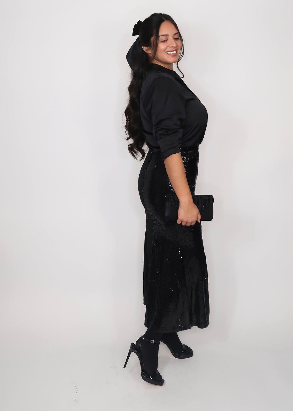 black sequined mermaid silhouette midi skirt