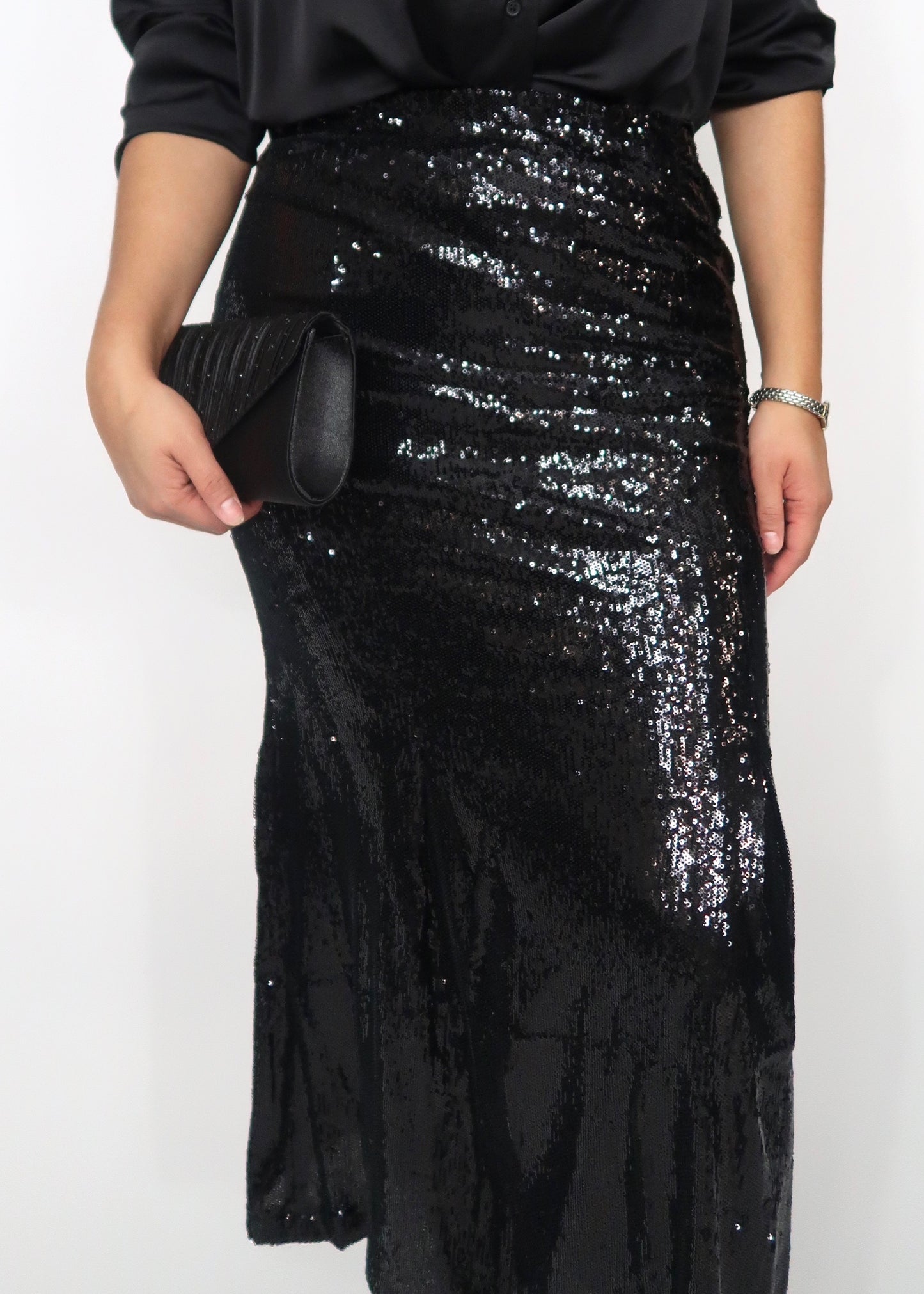 black sequined mermaid silhouette midi skirt