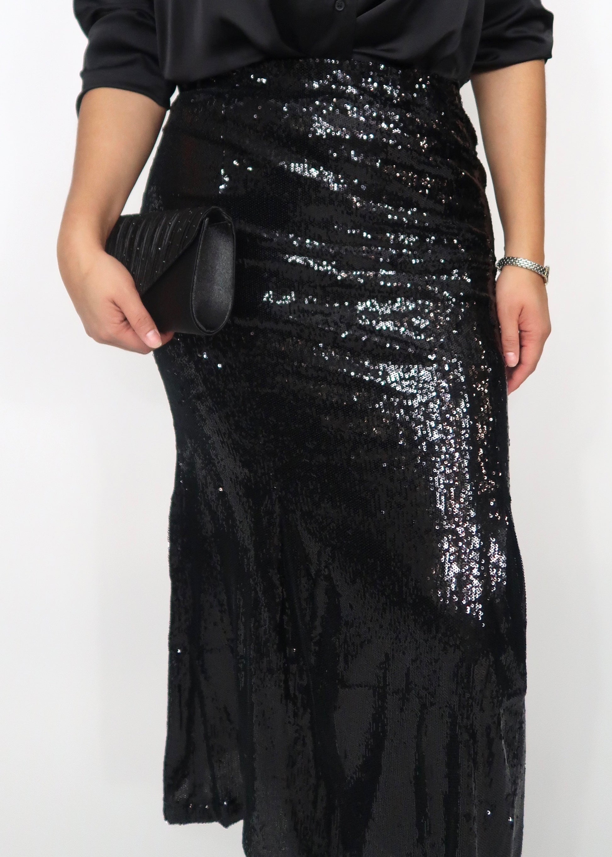 black sequined mermaid silhouette midi skirt