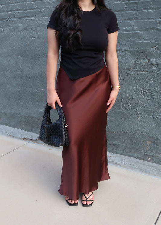 brown chestnut maxi satin skirt high waisted