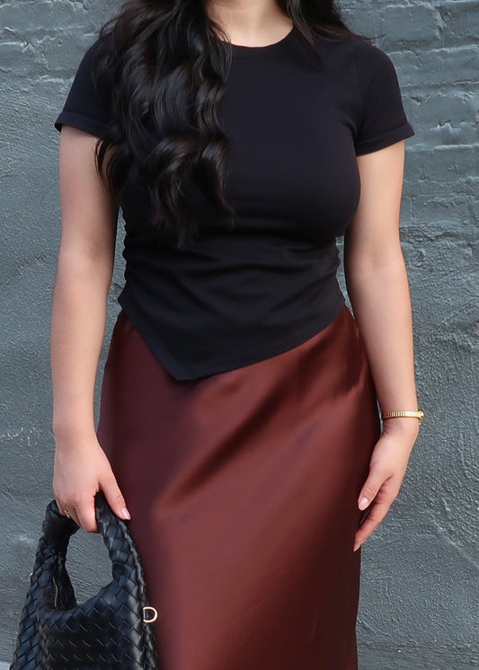 asymmetrical ruched top, short sleeve, crew neck, cropped 
