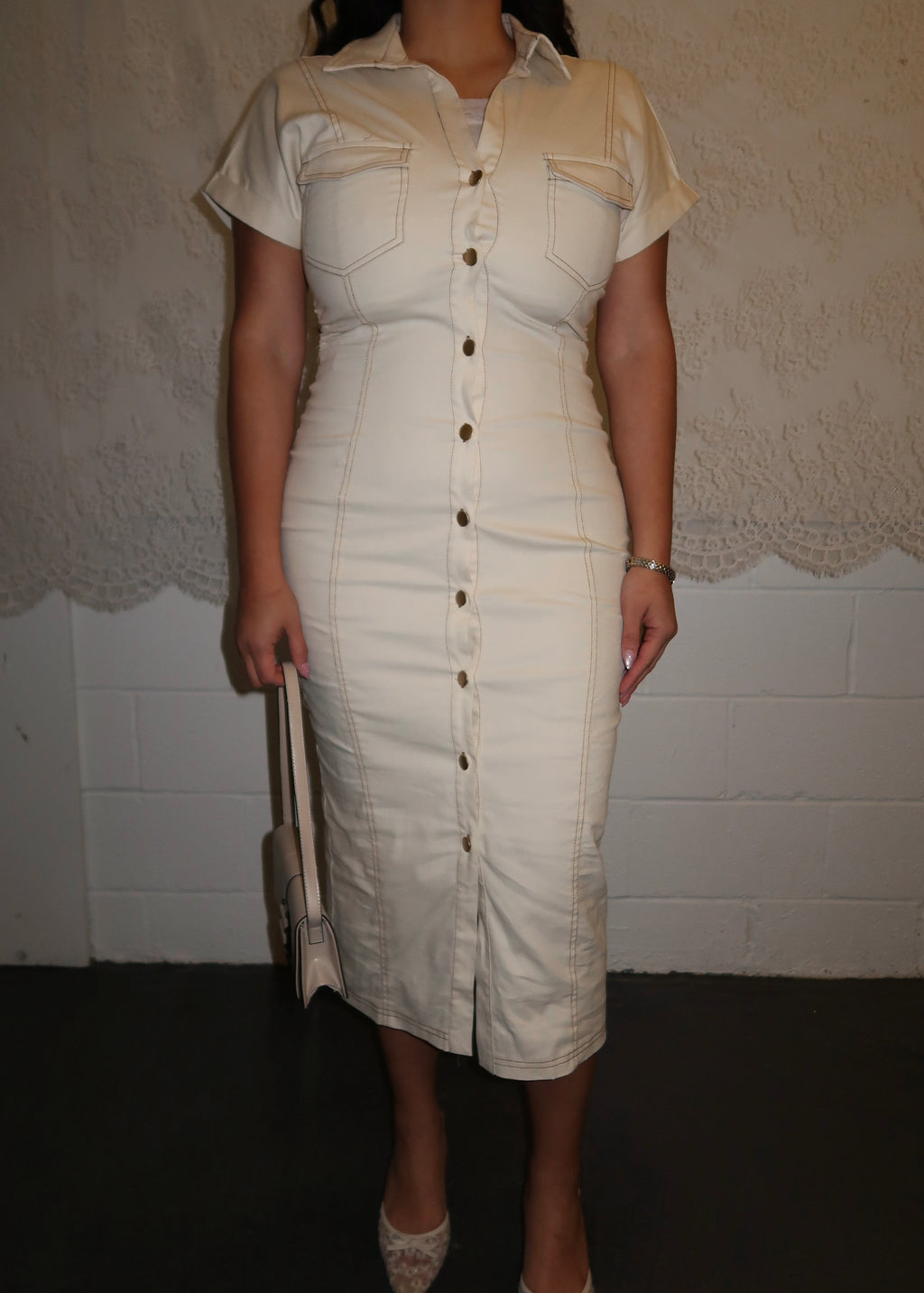Cream button down midi dress, collared, -neck