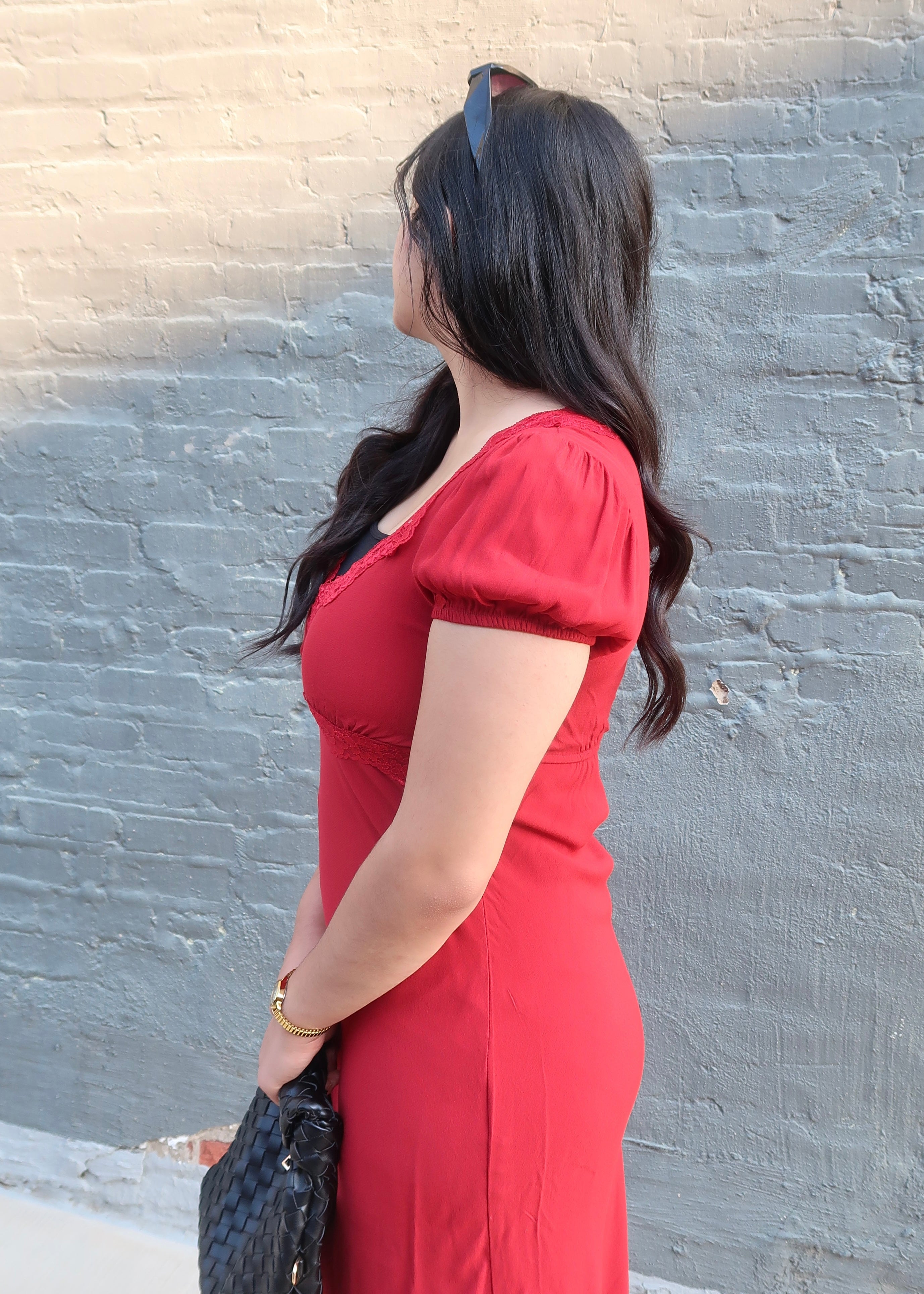 Red short sleeve puff sleeve midi dress, v-neck, lace trim