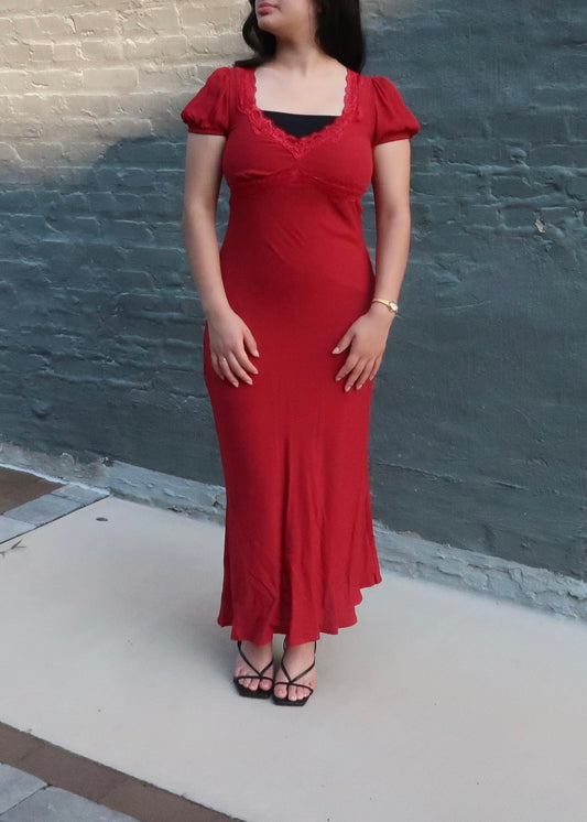 Red short sleeve puff sleeve midi dress, v-neck, lace trim
