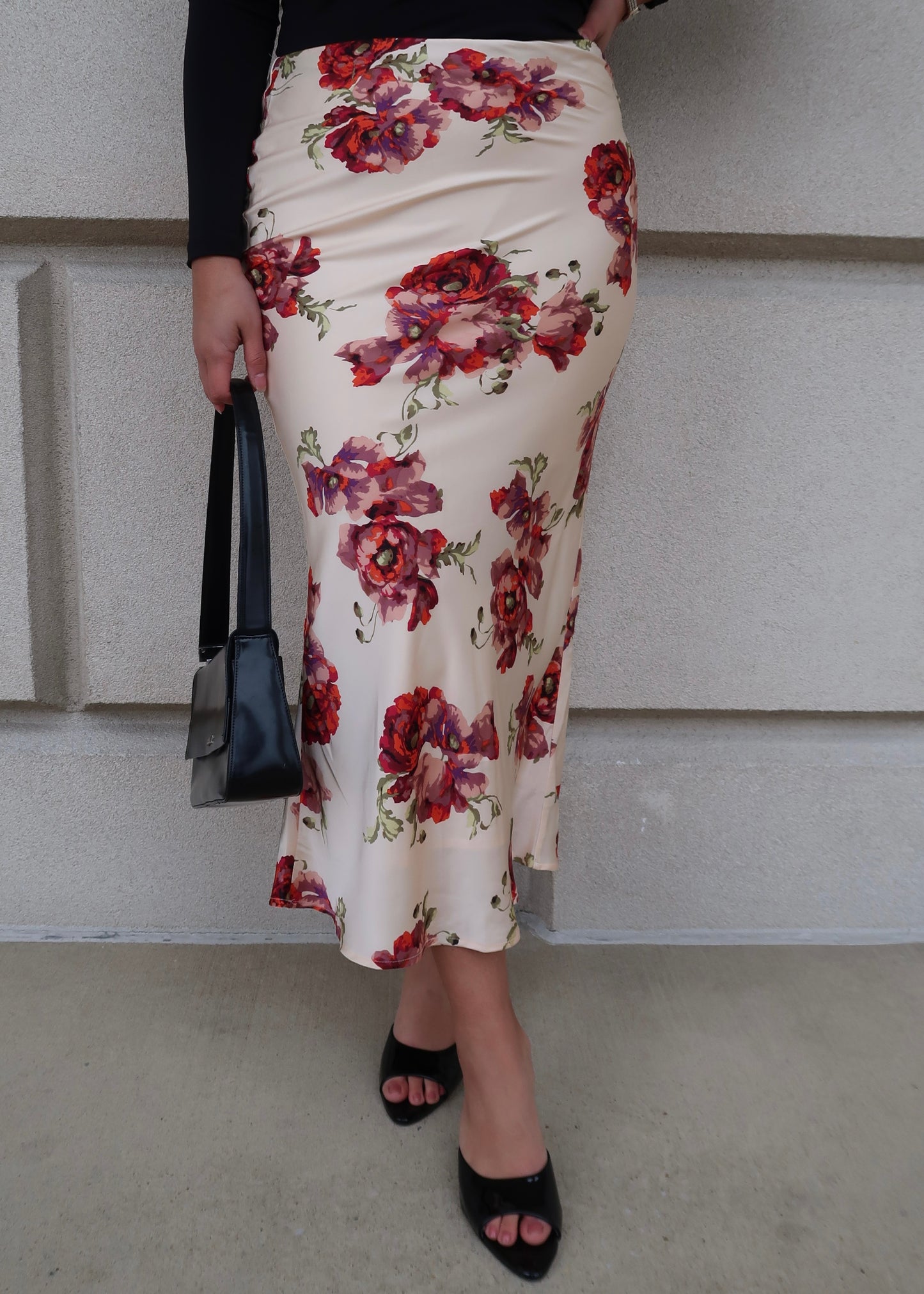 rose, cream, off white, light pink floral satin midi skirt