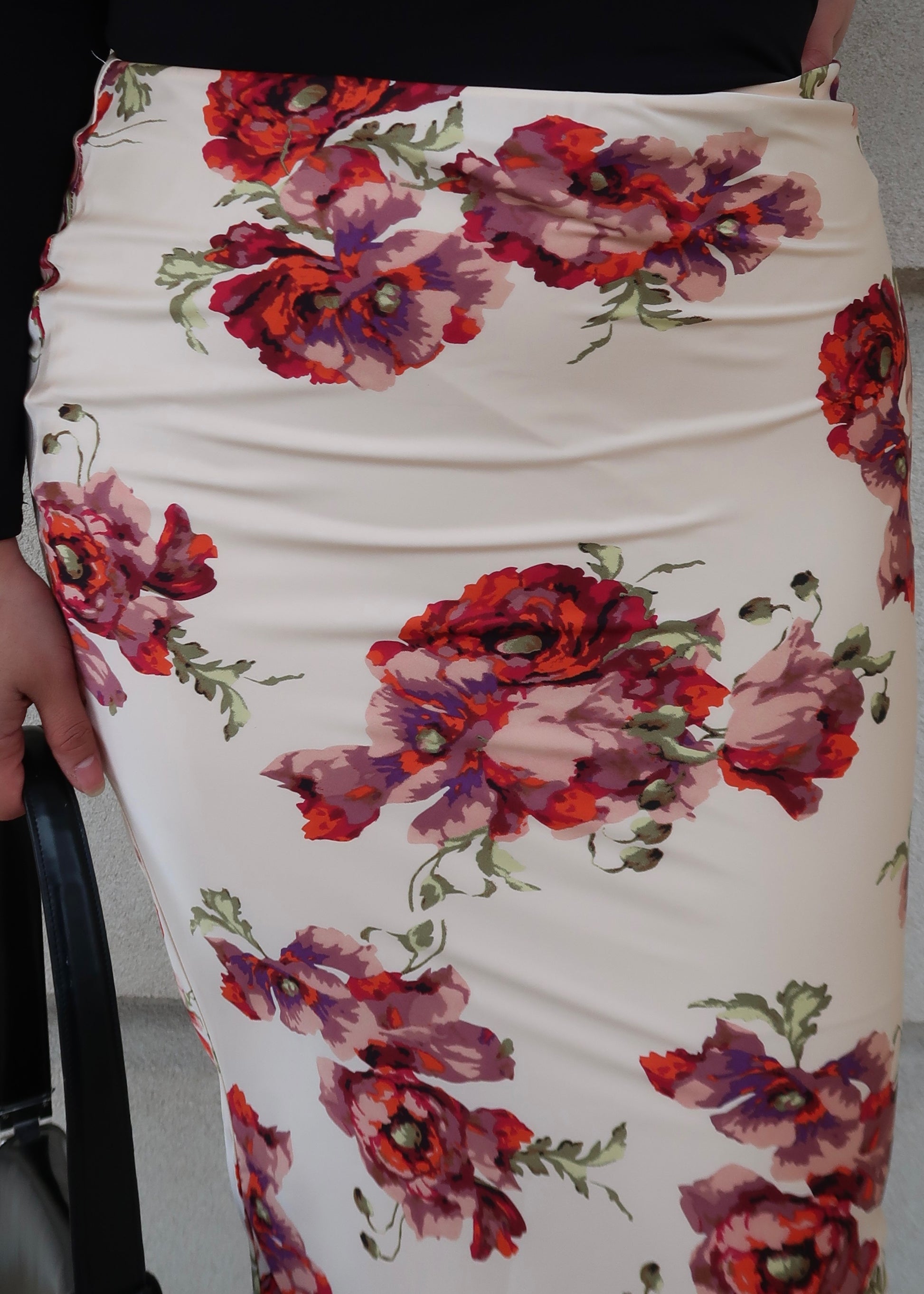 rose, cream, off white, light pink floral satin midi skirt