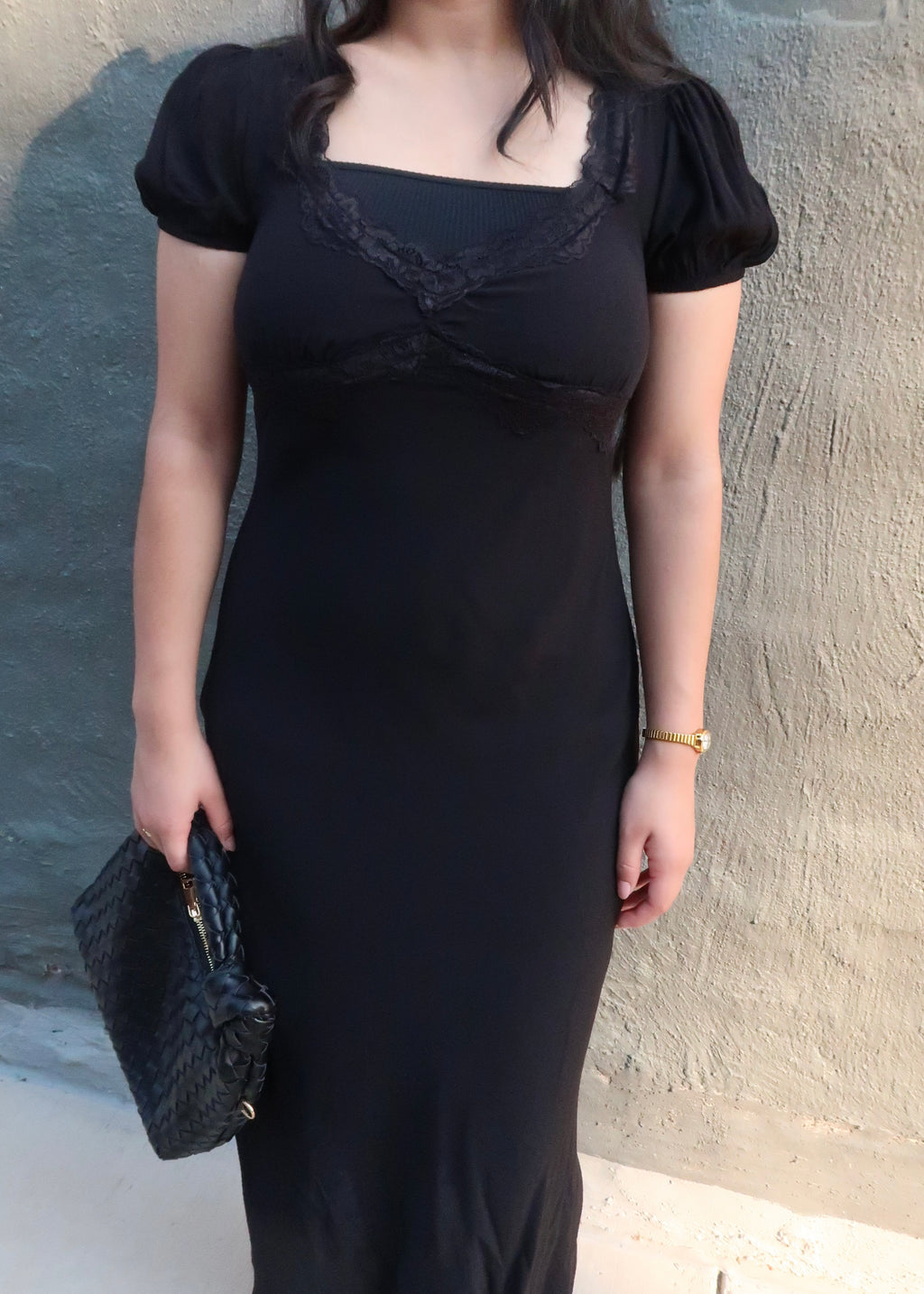 Black midi dress, v-neck, short sleeve puff sleeve, lace trim