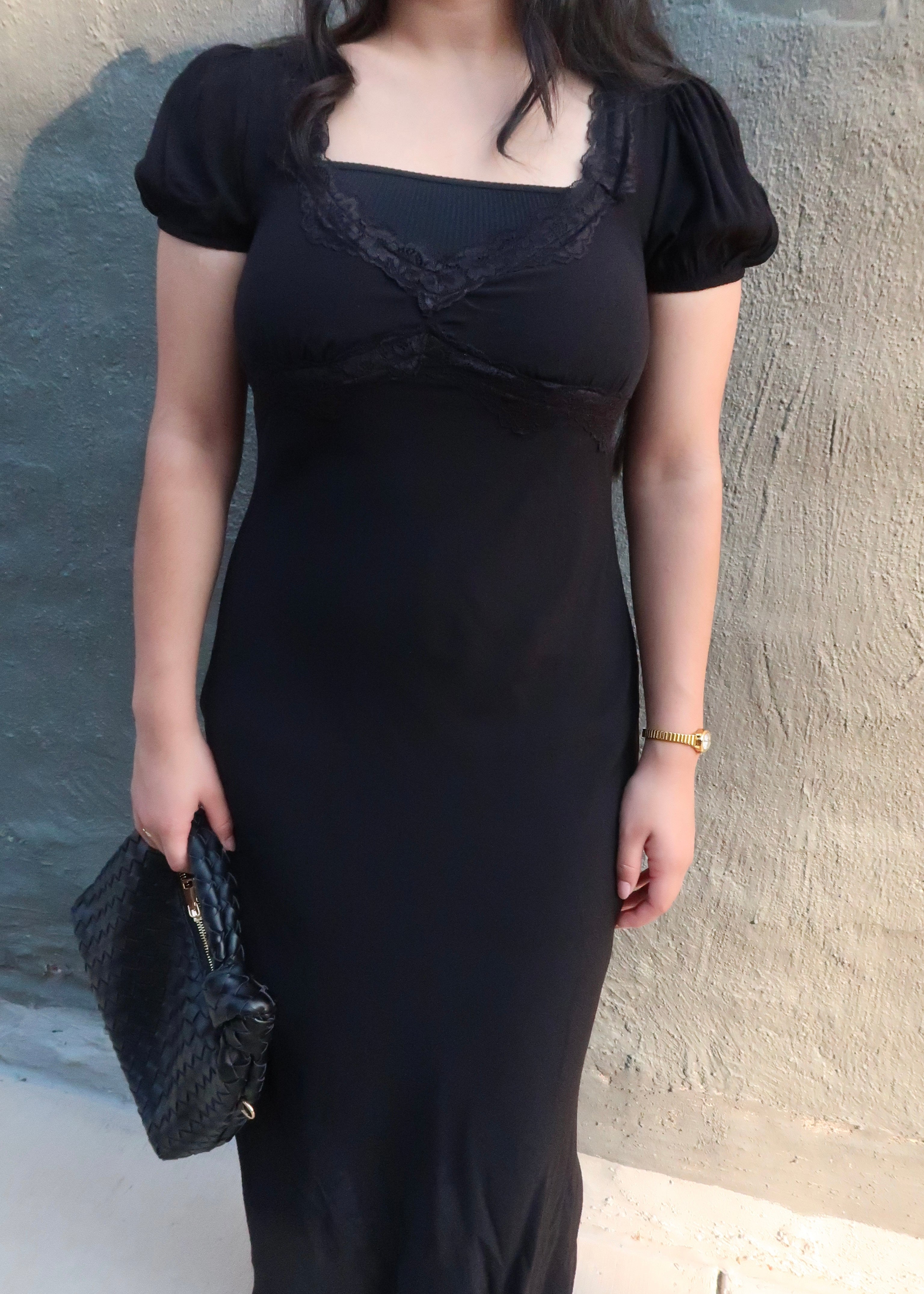 Black midi dress, v-neck, short sleeve puff sleeve, lace trim